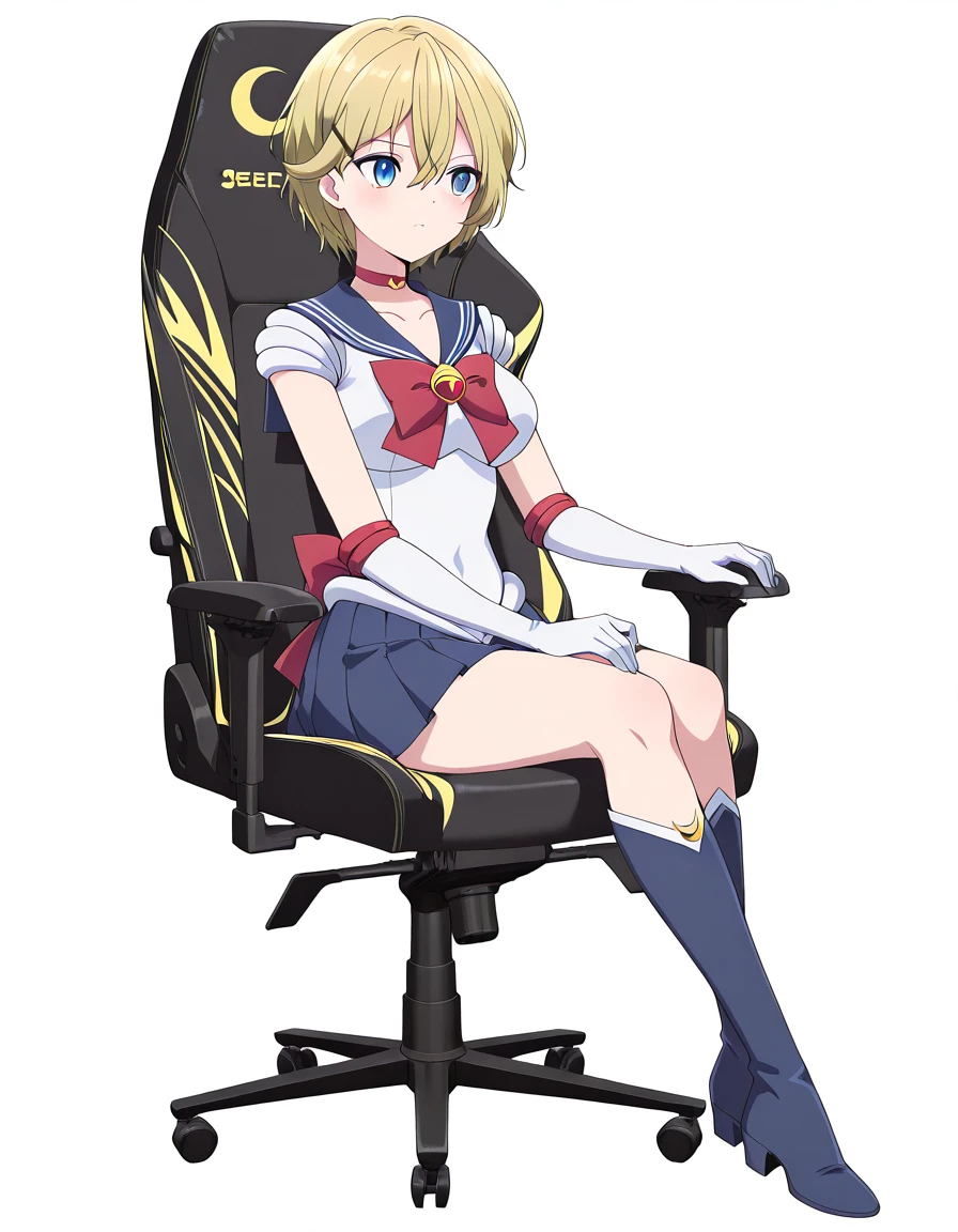 masterpiece, best quality, amazing quality,, <lora:ellie-evergreen-s1-illustriousxl-lora-nochekaiser:1>, ellie evergreen, short hair, blue eyes, blonde hair, hair ornament, hair between eyes, hairclip, mature female, breasts, anime screencap, <lora:sailor-moon-cosplay-illustriousxl-lora-nochekaiser:1>, sailormooncosplay, sailor moon (cosplay), back bow, blue sailor collar, blue skirt, boots, bow, brooch, choker, crescent moon, elbow gloves, gloves, jewelry, knee boots, magical girl, pleated skirt, red bow, red choker, ribbon, sailor collar, sailor senshi uniform, skirt, white gloves,, <lora:secretlab-chair-illustriousxl-lora-nochekaiser:1>, secretlab chair, chair, office chair, gaming chair, sitting, full body, , <lora:transparent-background-illustriousxl-lora-nochekaiser:1>, transparent background, simple background, white background