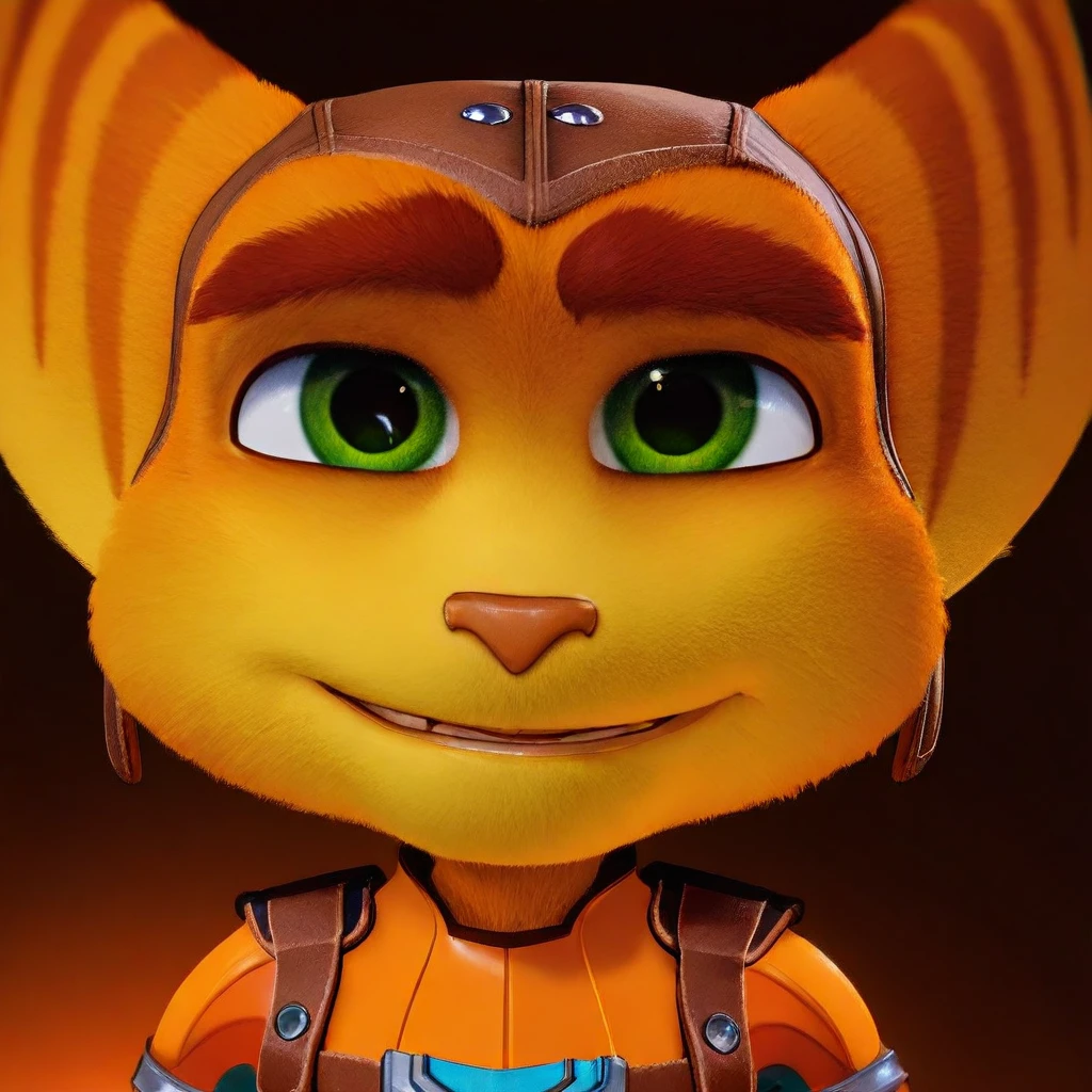 masterpiece, best quality, amazing quality, Ratchet, solo, furry male, green eyes, tail, large pointy ears with brown stripes, brown headwear, thick eyebrows, brown boots, yellow‑orange fur with subtle darker stripes, teal-blue pants, knee padding, brown leather gloves, chest harness, belt, close up, portrait, smile,