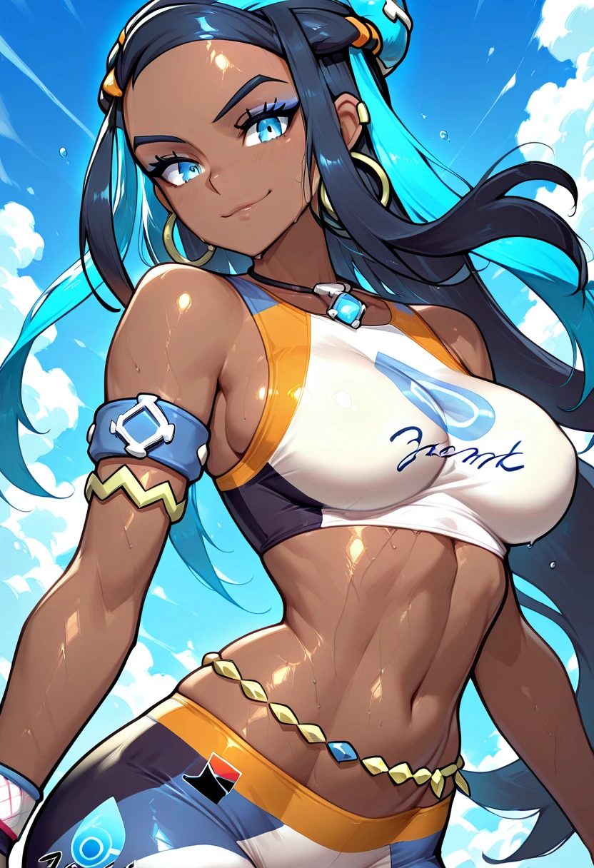 masterpiece, best quality, solo, curvy, beautiful eyes, narrow waist, wide hips, 1girl, solo, smile, looking at viewer, foreshortening, close up,    zzNessa, dark skin, makeup, single hair bun, crop top, single glove, spandex shorts, hoop earrings, belly chain, armlet, wristband, shiny skin, wet,  , <lora:NessaPokemonZAP_IXL:1.0>, upper body, side view, smile, looking at viewer, shiny skin,