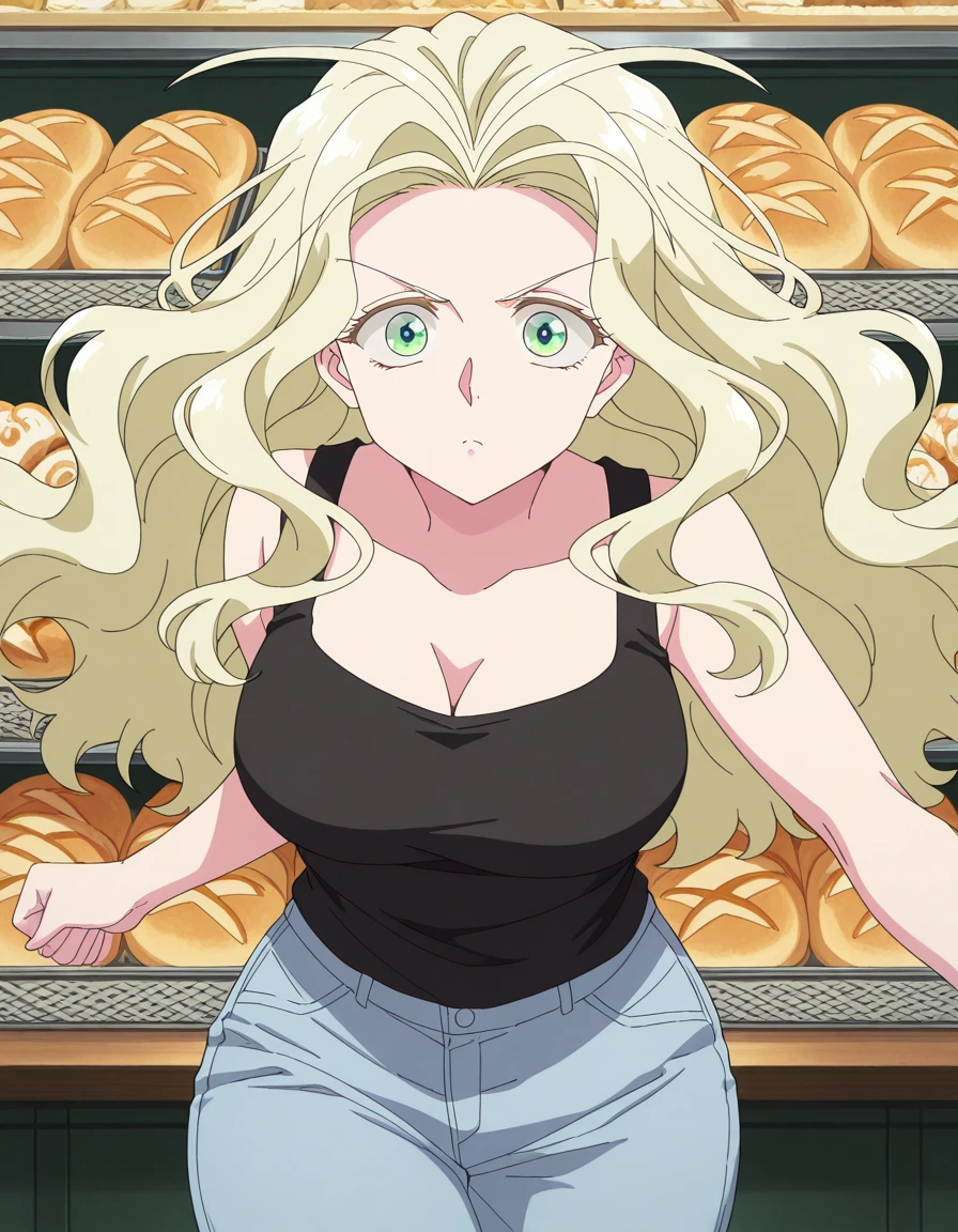 masterpiece, best quality, amazing quality,, <lora:yaomei-s1-illustriousxl-lora-nochekaiser:1>, yaomei, long hair, blonde hair, green eyes, hair antenna, sidelocks, wavy hair, mature female, breasts, anime screencap, shirt, cleavage, collarbone, pants, black shirt, tank top, denim, jeans, black tank top, shorts, <lora:dynamic-pose-illustriousxl-lora-nochekaiser:1>, dynamic pose, kicking, cowboy shot, bakery, bread, pastries, sweets,, cowboy shot, solo, looking at viewer,