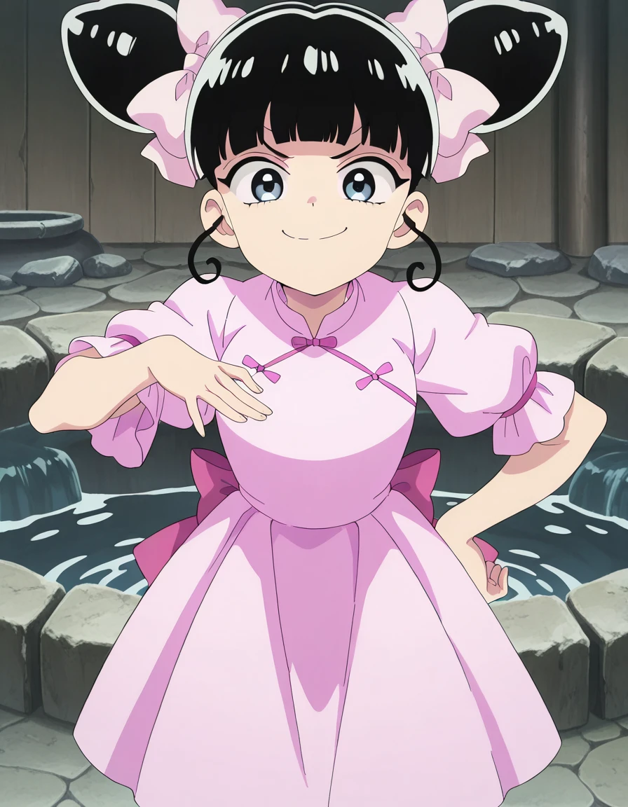masterpiece, best quality, amazing quality,, <lora:xiaohei-s1-illustriousxl-lora-nochekaiser:1>, xiaohei, blue eyes, black hair, blunt bangs, hair bun, double bun, hair bow, pink bow, anime screencap, dress, short sleeves, chinese clothes, pink dress, smug, hand on own hip,, well, water, stone, old, deep, cowboy shot, solo, looking at viewer,