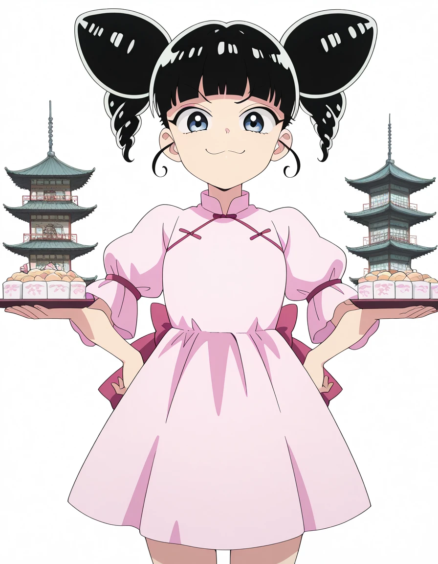 masterpiece, best quality, amazing quality,, <lora:xiaohei-s1-illustriousxl-lora-nochekaiser:1>, xiaohei, blue eyes, black hair, blunt bangs, hair bun, double bun, drills hair, anime screencap, dress, short sleeves, chinese clothes, pink dress, smug, pagoda, tall, tiered, Asian, sacred, cowboy shot, solo, looking at viewer, <lora:transparent-background-illustriousxl-lora-nochekaiser:1>, transparent background, simple background, white background