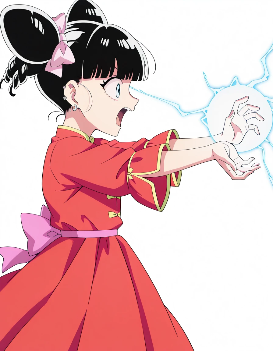 masterpiece, best quality, amazing quality,, <lora:xiaohei-s1-illustriousxl-lora-nochekaiser:1>, xiaohei, blue eyes, black hair, blunt bangs, hair bun, double bun, hair bow, pink bow, anime screencap, dress, bow, jewelry, earrings, chinese clothes, drill hair, ear piercing, red dress, <lora:kamehameha-illustriousxl-lora-nochekaiser:1>, kamehameha, kamehameha (dragon ball), open mouth, outstrecthed arms, torn clothes, shouting, energy, energy beam, energy ball, from side, electricity,, izakaya, drinks, food, stools, social, cowboy shot, solo, looking at viewer, <lora:transparent-background-illustriousxl-lora-nochekaiser:1>, transparent background, simple background, white background