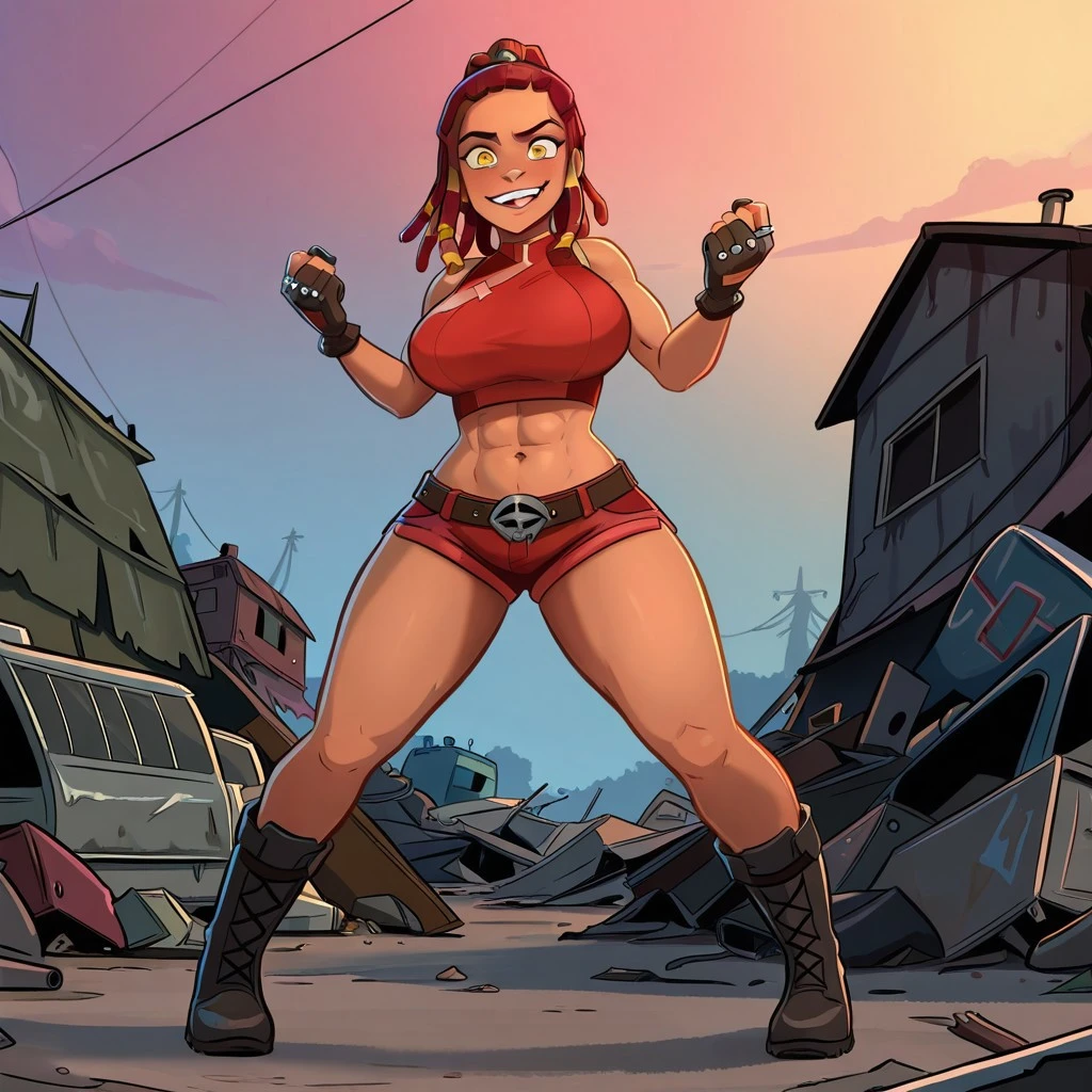 A short, tanned skin, well built woman. Short, brown, shaggy hair. Pretty, freckled face. Full lips, beautiful brown eyes. Wearing casual but slutty clothes. Character design sheet, full body shot, bending over a wall. Slightly NSFW.