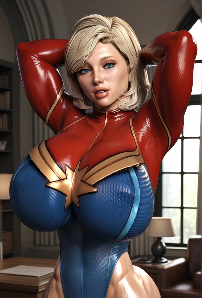 Meghan Markle, squatting, wearing Captain Marvel costume sexy clothes, her costume is open showing her pink nipples, , (revealing her skin), professionally retouched, soft lighting, realistic, smooth face, perfect eyes, sharp focus on eyes, 8 k, high definition, insanely detailed, intricate, elegant. in a cosmic background, (((visible breasts))), she is removing her. Costume, visible nipples, visible vagina, blonde hair, blue eyes