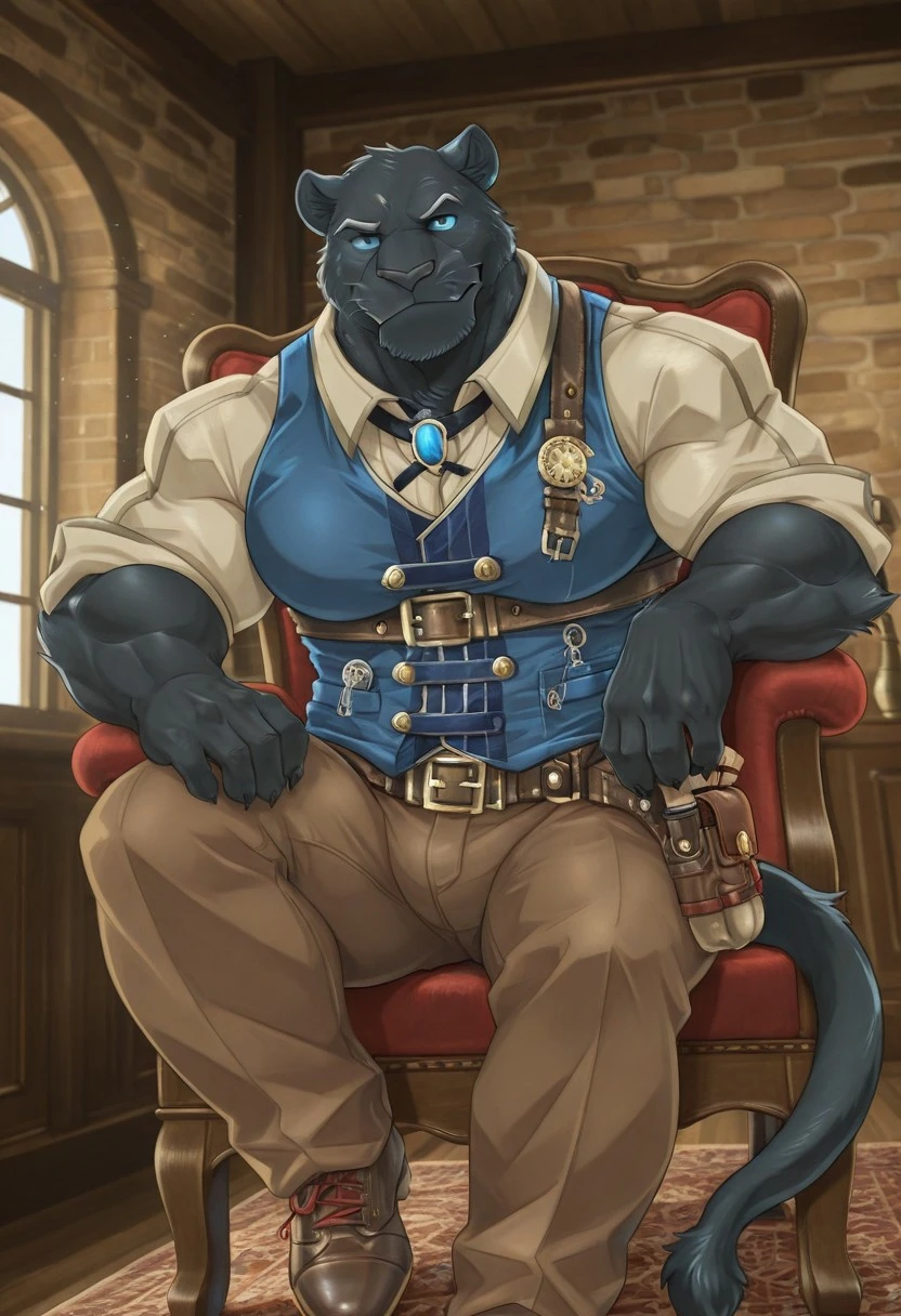 GranruthCS, solo, furry, panther, tail, perfect eyes, blue sclera, blue eyes, smirk, muscular, mature, large pectorals, dynamic angle, detective, white collared shirt, blue vest, chest belt, brown pants, leather belt, brown dress shoes, unparalleled masterpiece, amazing quality, best quality, high resolution, extremely-detailed, beautiful, high detail, very aesthetic, depth of field, subsurface scattering, detailed background, indoors, sitting, on chair, detailed fur, detailed muscles, cinematic lighting, RAW candid cinema