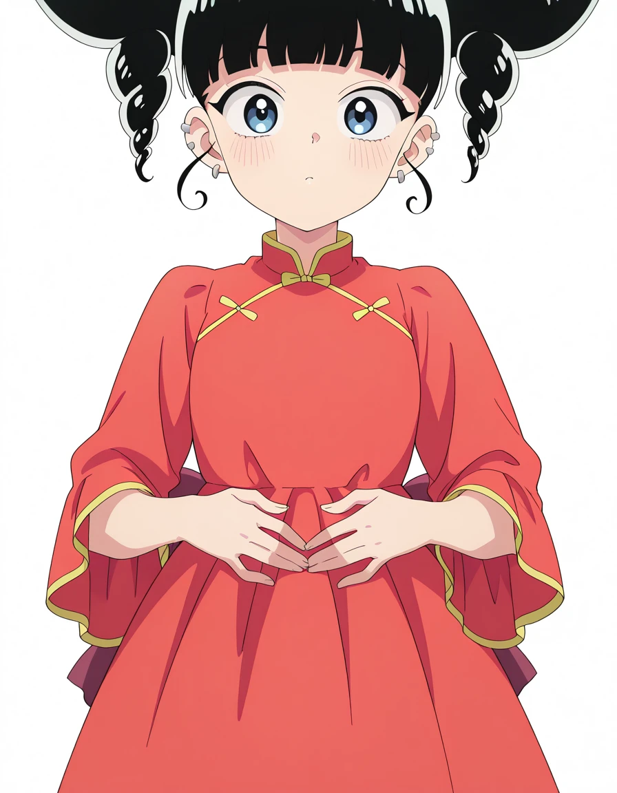 masterpiece, best quality, amazing quality,, <lora:xiaohei-s1-illustriousxl-lora-nochekaiser:1>, xiaohei, blue eyes, black hair, blunt bangs, hair bun, double bun, drills hair, anime screencap, dress, bow, jewelry, earrings, chinese clothes, drill hair, ear piercing, red dress, hands on stomach, blush,, Natural settings, trees, rivers, sunlight, wildlife, cowboy shot, solo, looking at viewer, <lora:transparent-background-illustriousxl-lora-nochekaiser:1>, transparent background, simple background, white background