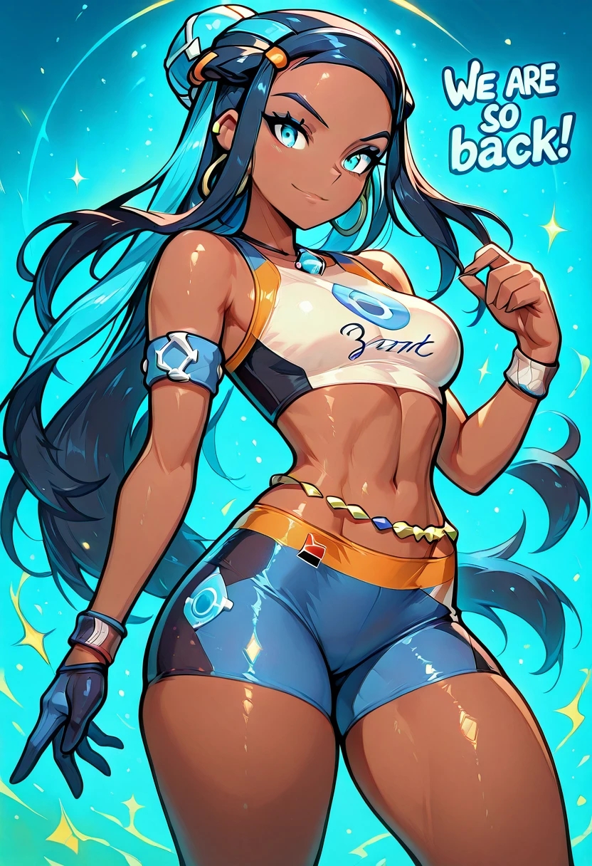 masterpiece, best quality, solo, curvy, beautiful eyes, narrow waist, wide hips, 1girl, solo, smile, looking at viewer, foreshortening, close up,    zzNessa, dark skin, makeup, single hair bun, crop top, single glove, spandex shorts, hoop earrings, belly chain, armlet, wristband, shiny skin,   , <lora:NessaPokemonZAP_IXL:1.0>, , smile, looking at viewer, We4reSoB4ck, text, gradient background, ,<lora:We4reSoB4ck_IXL_v1:1.0>,