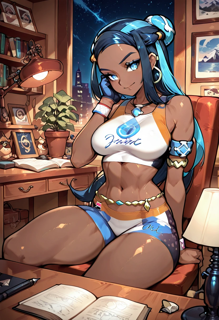 masterpiece, best quality, solo, curvy, beautiful eyes, narrow waist, wide , 1girl, solo, smile, looking at viewer, foreshortening, close up,    zzNessa, dark skin, makeup, single hair bun, crop top, single glove, spandex shorts, hoop earrings, belly chain, armlet, wristband, shiny skin,   , <lora:NessaPokemonZAP_IXL:1.0>, , zzLofi, sitting, side view, desk, chair, book, bookshelf, head rest, holding, holding pen, lamp, night, open book, pen, plant, potted plant, sky, star (sky), starry sky, window, windowsill, writing, <lora:LofiGirl_Style_IXL:0.8>,