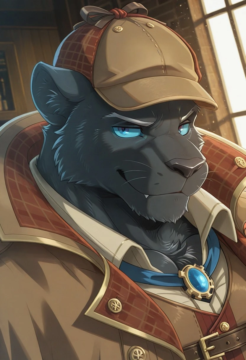 GranruthCS, solo, furry, panther, tail, perfect eyes, blue sclera, blue eyes, smirk, muscular, mature, large pectorals, dynamic angle, face focus, portrait, close up, brown collared coat, open coat, detective, blue collared shirt, hat, unparalleled masterpiece, amazing quality, best quality, high resolution, extremely-detailed, beautiful, high detail, very aesthetic, depth of field, subsurface scattering, detailed background, detailed fur, detailed muscles, cinematic lighting, RAW candid cinema, side angle