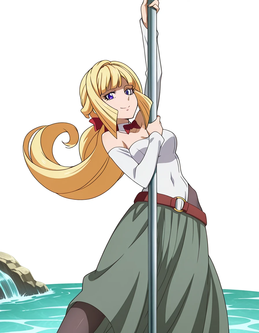 masterpiece, best quality, amazing quality,, <lora:kudelia-aina-bernstein-anime-illustriousxl-lora-nochekaiser:1>, kudelia aina bernstein, purple eyes, long hair, blonde hair, bangs, blunt bangs, low-tied ponytail, hair bow, red bow, mature female, medium breasts, anime screencap, skirt, shirt, long sleeves, belt, long skirt, white shirt, collar bone, green skirt,, <lora:pole-dancing-upside-down-illustriousxl-lora-nochekaiser:1>, pole dancing, dancing, pole, stripper pole, floating hair, holding, leaning back, leg up, legs, looking at viewer, smile, solo, spread legs, upside-down, bare shoulders, detached collar, bowtie, leotard, pantyhose, highleg leotard, strapless, waterfall, water, rocks, plunge, spray, cowboy shot, solo, looking at viewer, <lora:transparent-background-illustriousxl-lora-nochekaiser:1>, transparent background, simple background, white background