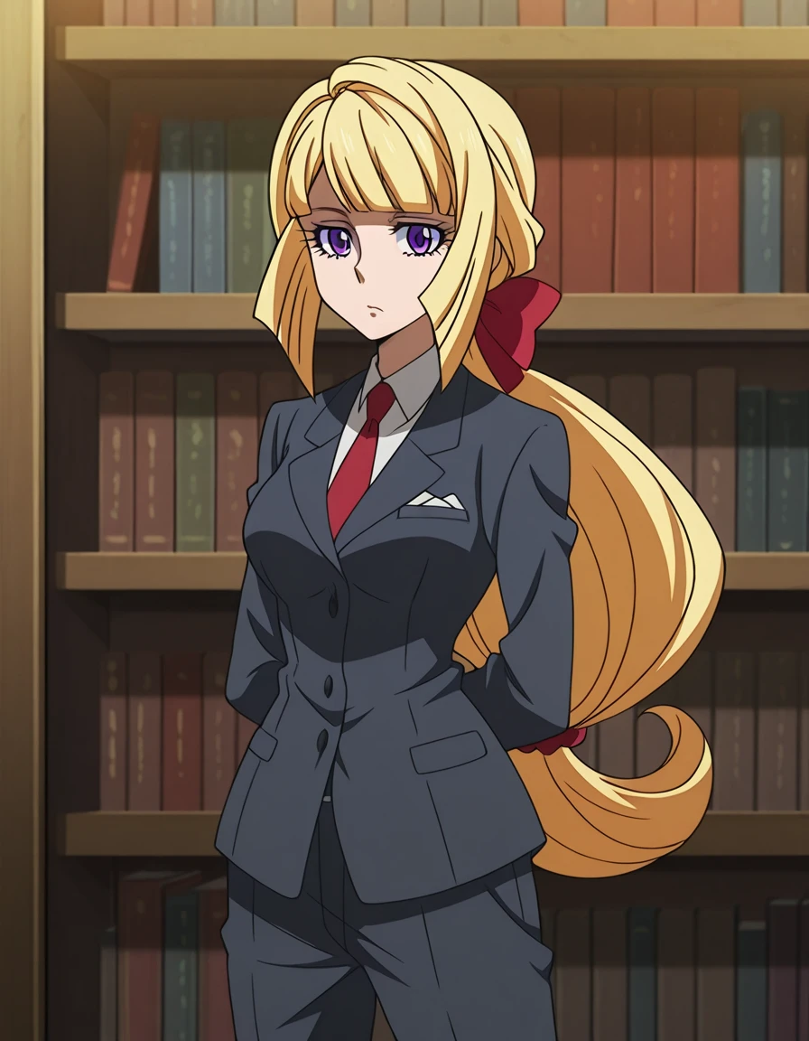 masterpiece, best quality, amazing quality,, <lora:kudelia-aina-bernstein-anime-illustriousxl-lora-nochekaiser:1>, kudelia aina bernstein, purple eyes, long hair, blonde hair, bangs, blunt bangs, low-tied ponytail, hair bow, red bow, mature female, medium breasts, anime screencap, necktie, blazer, formal, suit, red necktie, pants,, <lora:kung-fu-illustriousxl-lora-nochekaiser:1>, kung fu, martial arts, training, fighting stance, cowboy shot, hands behind back, library, books, shelves, reading, quiet, cowboy shot, solo, looking at viewer,