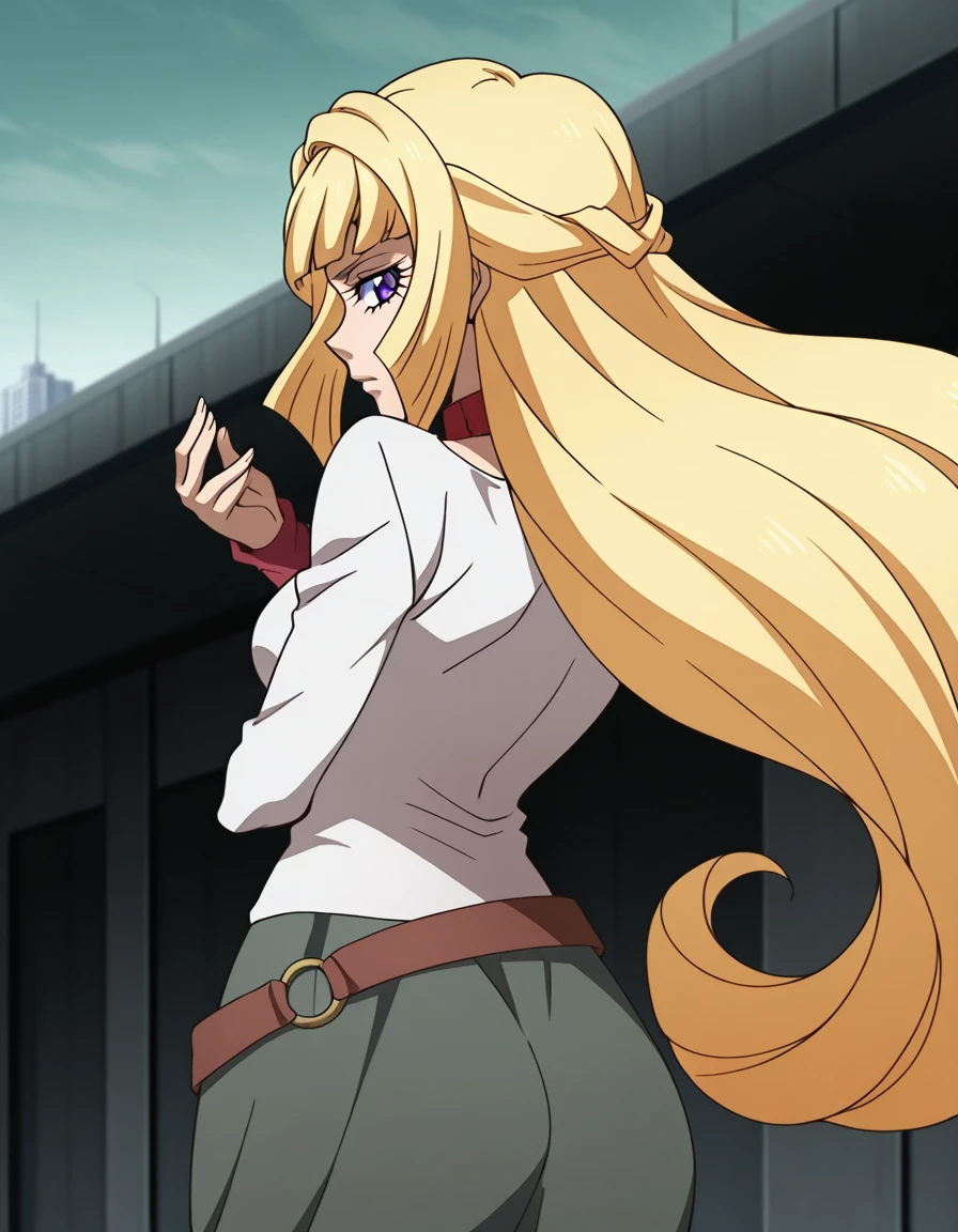 masterpiece, best quality, amazing quality,, <lora:kudelia-aina-bernstein-anime-illustriousxl-lora-nochekaiser:1>, kudelia aina bernstein, purple eyes, long hair, blonde hair, bangs, blunt bangs, sidelocks, mature female, medium breasts, anime screencap, skirt, shirt, long sleeves, belt, long skirt, white shirt, collar bone, green skirt,, <lora:dio-brandos-pose-illustriousxl-lora-nochekaiser:1>, dio brandos pose, dio brando's pose (jojo), back, ass, from behind, jojo pose, standing, cowboy shot,, military base, soldiers, secure, buildings, training, cowboy shot, solo, looking at viewer,