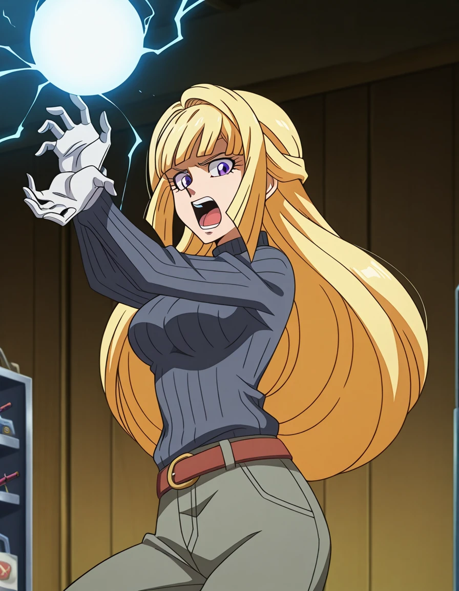 masterpiece, best quality, amazing quality,, <lora:kudelia-aina-bernstein-anime-illustriousxl-lora-nochekaiser:1>, kudelia aina bernstein, purple eyes, long hair, blonde hair, bangs, blunt bangs, sidelocks, mature female, medium breasts, anime screencap, gloves, belt, sweater, ribbed sweater, grey sweater, turtleneck, pants,, <lora:kamehameha-illustriousxl-lora-nochekaiser:1>, kamehameha, kamehameha (dragon ball), open mouth, outstrecthed arms, torn clothes, shouting, energy, energy beam, energy ball, from side, electricity,, weapon shop, weapons, display, store, items, cowboy shot, solo, looking at viewer,