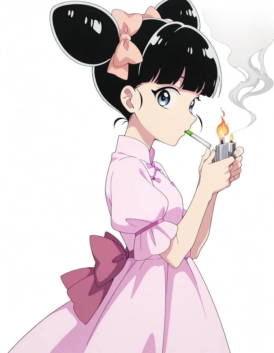 masterpiece, best quality, amazing quality,, <lora:xiaohei-s1-illustriousxl-lora-nochekaiser:1>, xiaohei, blue eyes, black hair, blunt bangs, hair bun, double bun, hair bow, pink bow, anime screencap, dress, short sleeves, chinese clothes, pink dress, <lora:lighting-cigarette-illustriousxl-lora-nochekaiser:1>, lighting cigarette, lighter, holding lighter, cigarette, smoking, fire, smoke, holding, cowboy shot, from side, jetty, water, boats, dock, narrow, cowboy shot, solo, looking at viewer, <lora:transparent-background-illustriousxl-lora-nochekaiser:1>, transparent background, simple background, white background