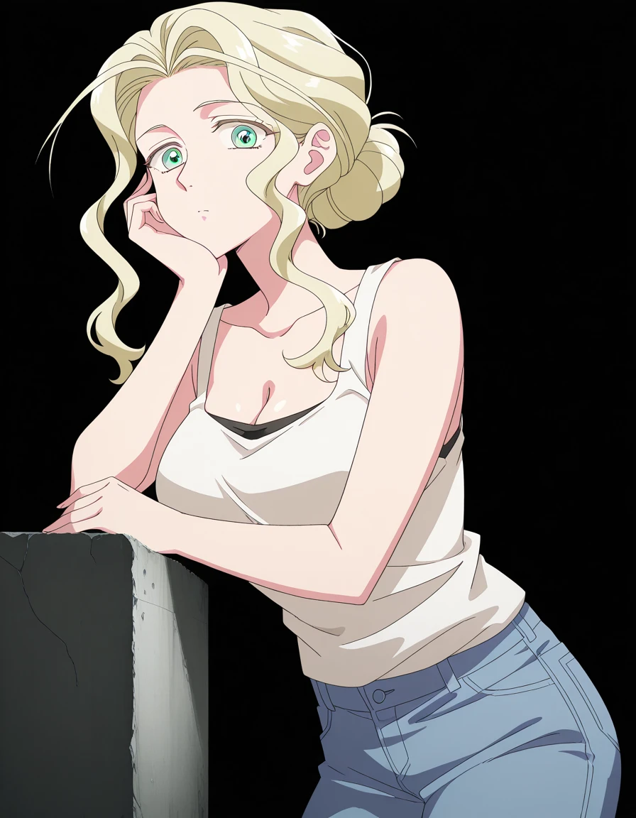 masterpiece, best quality, amazing quality,, <lora:yaomei-s1-illustriousxl-lora-nochekaiser:1>, yaomei, long hair, blonde hair, green eyes, hair antenna, single hair bun, mature female, breasts, anime screencap, shirt, cleavage, bare shoulders, collarbone, white shirt, sleeveless, pants, tank top, denim, jeans, white tank top, head rest, bunker, underground, secure, concrete, dark, cowboy shot, solo, looking at viewer, <lora:transparent-background-illustriousxl-lora-nochekaiser:1>, transparent background, simple background, white background