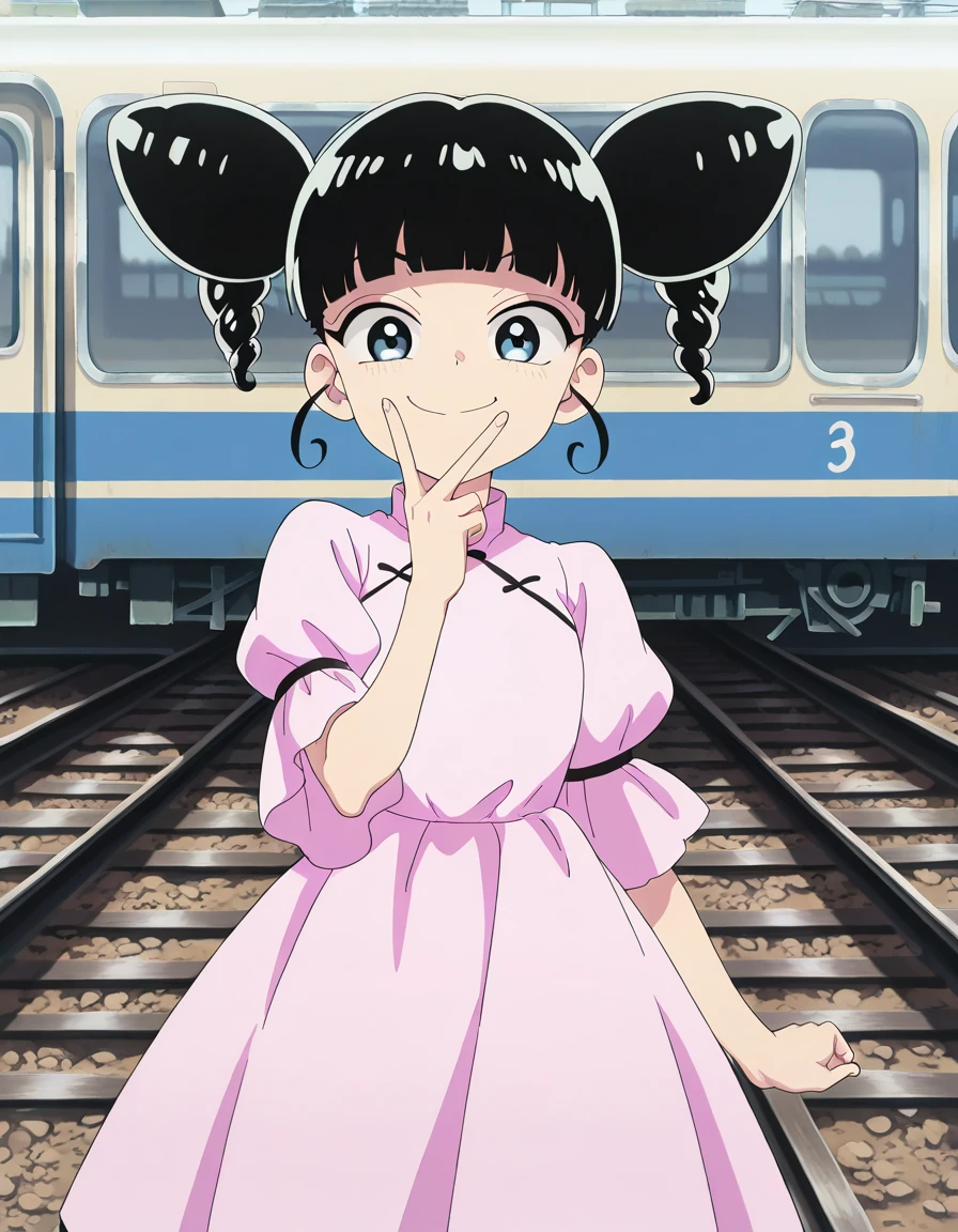 masterpiece, best quality, amazing quality,, <lora:xiaohei-s1-illustriousxl-lora-nochekaiser:1>, xiaohei, blue eyes, black hair, blunt bangs, hair bun, double bun, drills hair, anime screencap, dress, short sleeves, chinese clothes, pink dress, v, v over mouth, smug,, railroad tracks, rails, train, journey, long, cowboy shot, solo, looking at viewer,