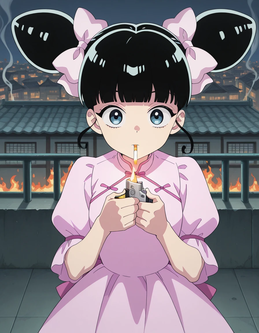 masterpiece, best quality, amazing quality,, <lora:xiaohei-s1-illustriousxl-lora-nochekaiser:1>, xiaohei, blue eyes, black hair, blunt bangs, hair bun, double bun, hair bow, pink bow, anime screencap, dress, short sleeves, chinese clothes, pink dress, <lora:lighting-cigarette-illustriousxl-lora-nochekaiser:1>, lighting cigarette, lighter, holding lighter, cigarette, smoking, fire, smoke, holding, upper body, straight-on,, rooftop, view, height, buildings, sky, cowboy shot, solo, looking at viewer,