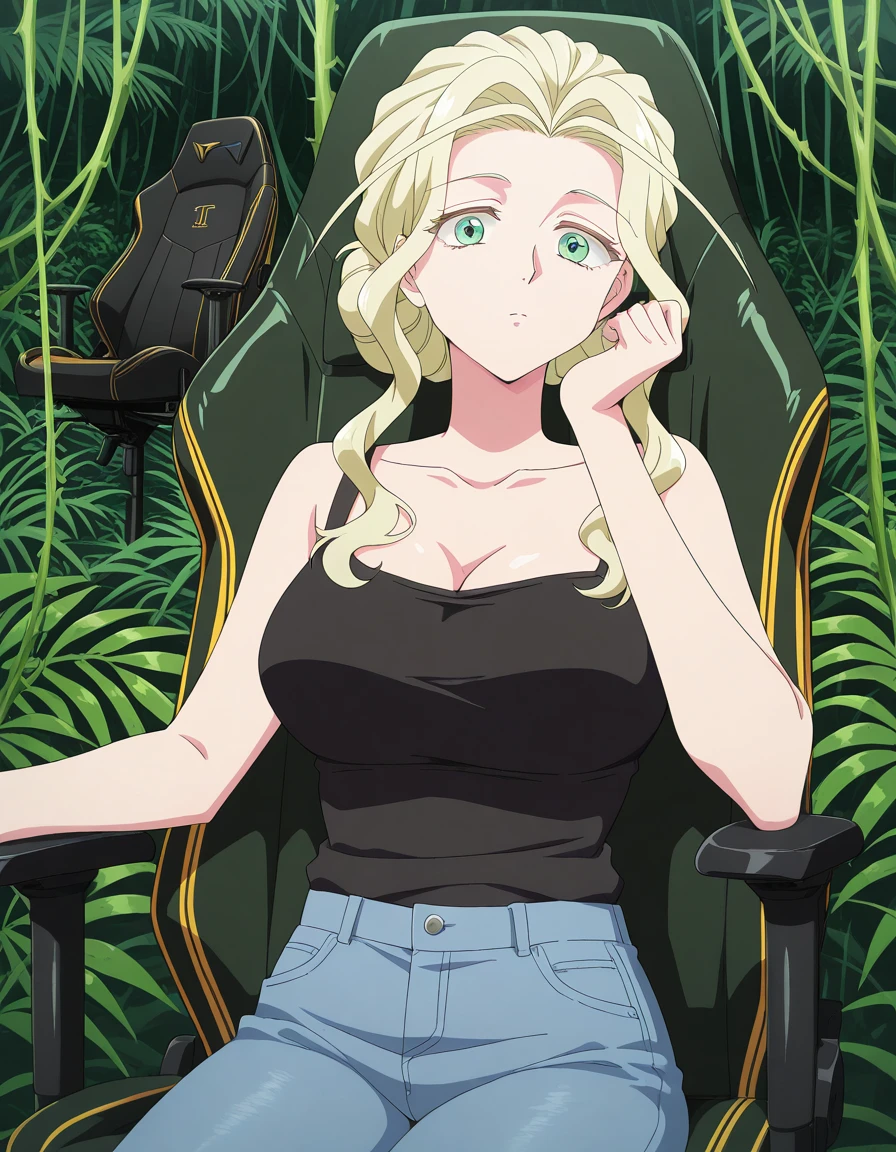masterpiece, best quality, amazing quality,, <lora:yaomei-s1-illustriousxl-lora-nochekaiser:1>, yaomei, long hair, blonde hair, green eyes, hair antenna, single hair bun, mature female, breasts, anime screencap, shirt, cleavage, collarbone, pants, black shirt, tank top, denim, jeans, black tank top, shorts, <lora:secretlab-chair-illustriousxl-lora-nochekaiser:1>, secretlab chair, chair, office chair, gaming chair, sitting, cowboy shot, elbow rest, jungle, dense, wildlife, vines, green, cowboy shot, solo, looking at viewer,