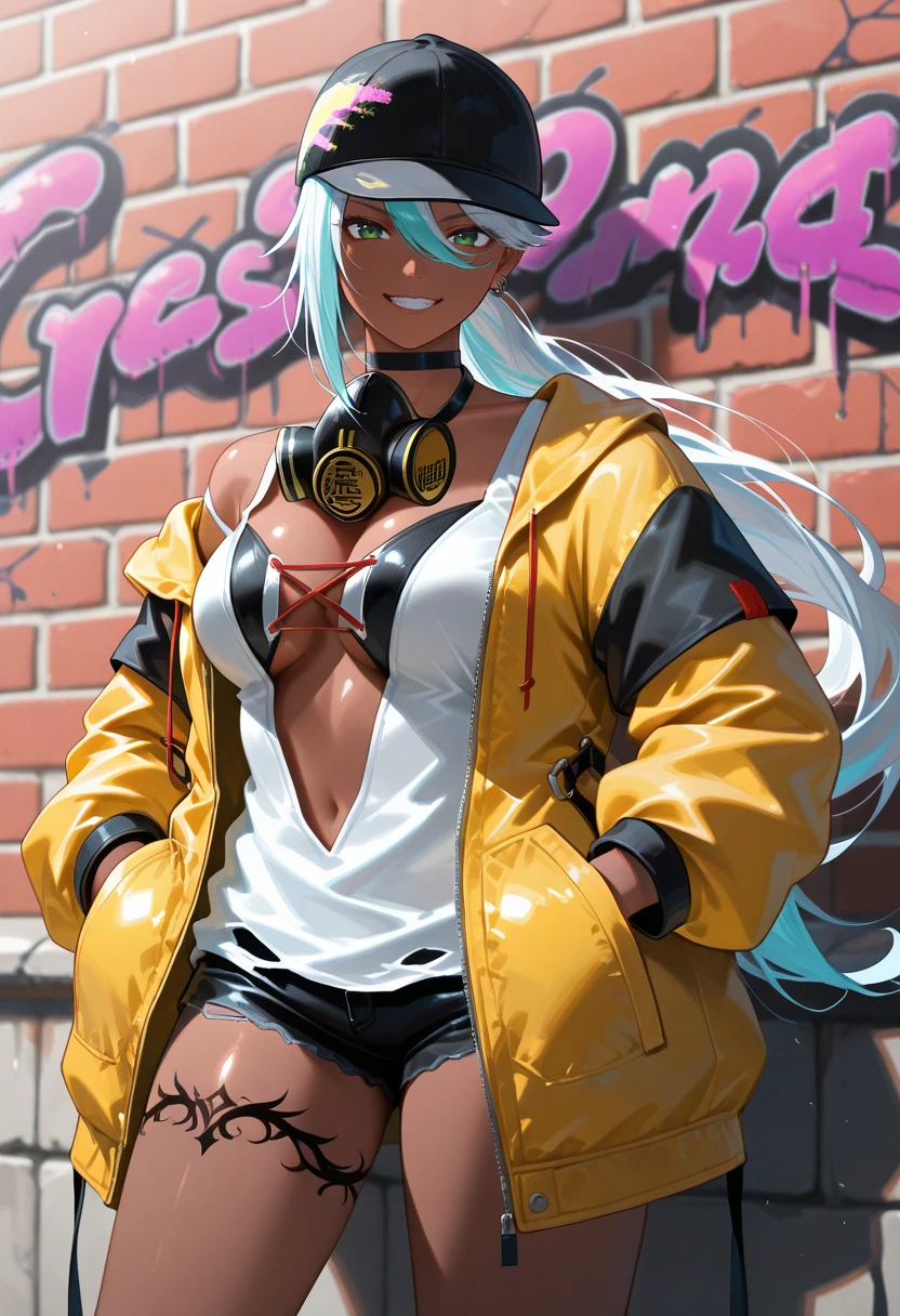 (Naruko Uzumaki:1.2), going, (skin tanned:1.1), (twintails:1.1), (adjusting:0.8), (dark skinned female:1.1), (breasts big:1.1), Broad Hips, Shorts, (neckleace:1.1), fishnet stocking, glad, ssmile, embarrased, (thigh holsters:1.1), (orange jacket:1.1), (forehead protector:1.15), in a medieval Japanese village, detailed back ground, (standing alone:0.9), work of art, HDR, details Intricate, cowboy shot, (blue detailed eyes:1.1), (realistic digital drawing:0.9)