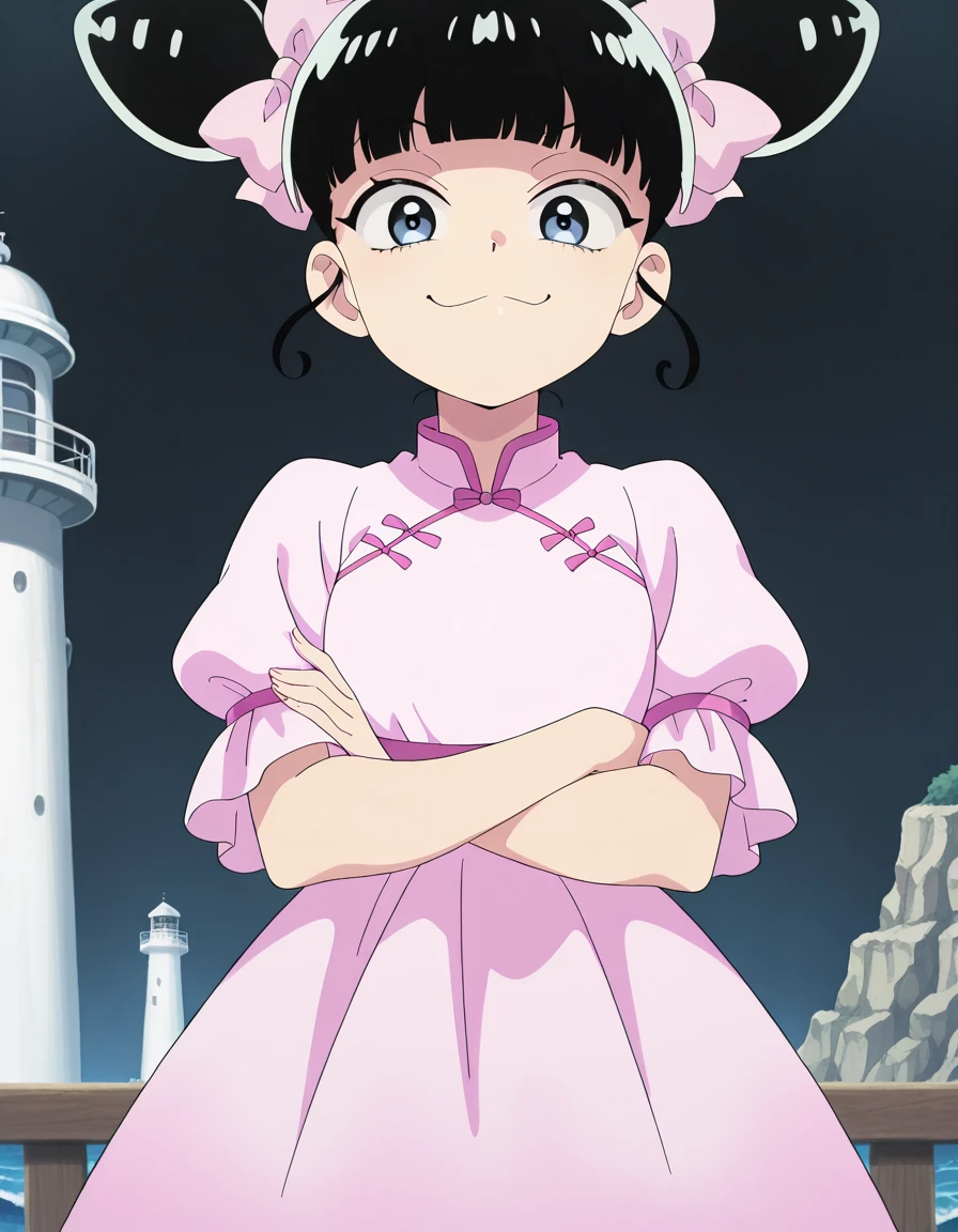 masterpiece, best quality, amazing quality,, <lora:xiaohei-s1-illustriousxl-lora-nochekaiser:1>, xiaohei, blue eyes, black hair, blunt bangs, hair bun, double bun, hair bow, pink bow, anime screencap, dress, short sleeves, chinese clothes, pink dress, crossed arms, smug, lighthouse, light, sea, tall, guidance, cowboy shot, solo, looking at viewer,