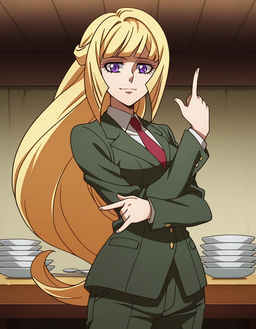 masterpiece, best quality, amazing quality,, <lora:kudelia-aina-bernstein-anime-illustriousxl-lora-nochekaiser:1>, kudelia aina bernstein, purple eyes, long hair, blonde hair, bangs, blunt bangs, sidelocks, mature female, medium breasts, anime screencap, necktie, blazer, formal, suit, red necktie, pants,, <lora:kakyoin-noriakis-pose-illustriousxl-lora-nochekaiser:1>, kakyoin noriakis pose, kakyoin noriaki's pose (jojo), jojo pose, m/, pointing up, hands up, looking at viewer, smile, cowboy shot, dining room, table, chairs, dishes, cutlery, cowboy shot, solo, looking at viewer,