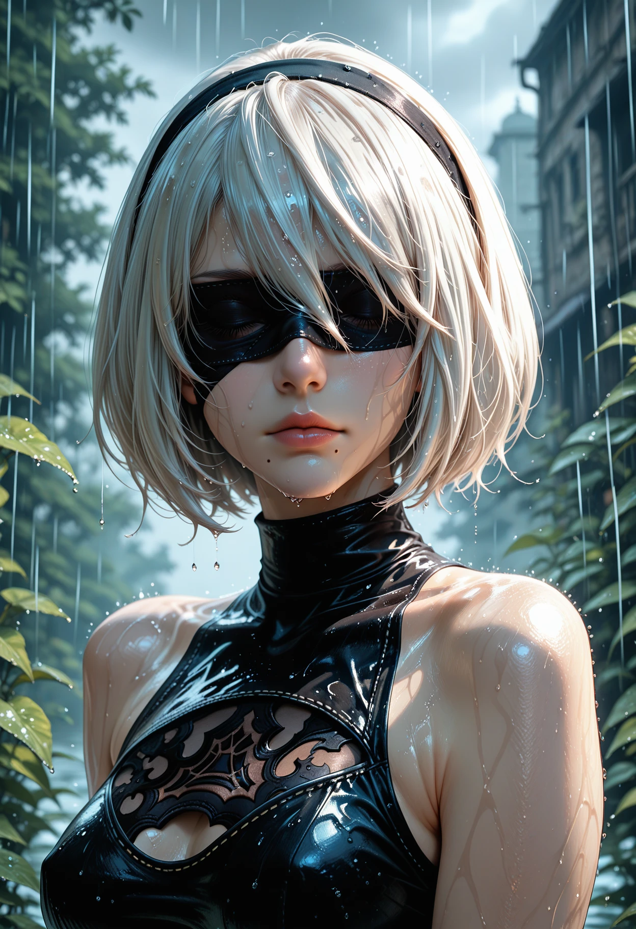 score_9, score_8_up, score_7_up, score_6_up, lldn, 1girl, solo, breasts, short hair, bare shoulders, medium breasts, closed mouth, upper body, white hair, naked breasts, hairband, mole, blurry, lips, wet, depth of field, blurry background, black hairband, wet clothes, mole under mouth, facing viewer, rain, water drop, blindfold, wet hair, covered eyes, black blindfold, yorha no. 2 type b