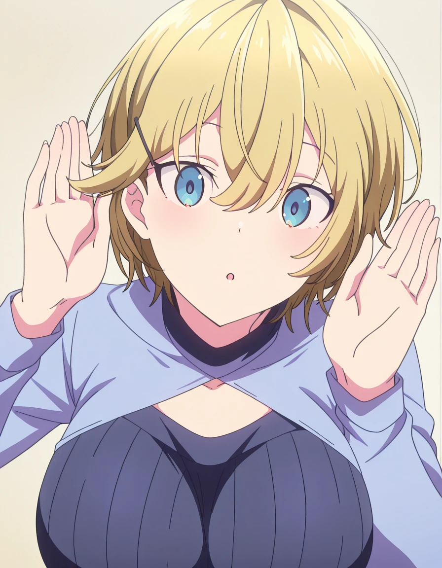 masterpiece, best quality, amazing quality,, <lora:ellie-evergreen-s1-illustriousxl-lora-nochekaiser:1>, ellie evergreen, short hair, blue eyes, blonde hair, hair ornament, hair between eyes, hairclip, mature female, breasts, anime screencap, <lora:cupping-ears-illustriousxl-lora-nochekaiser:1>, cupping ears, looking at viewer, upper body, :o, hand up, parted lips, leaning forward, ear focus,, ,