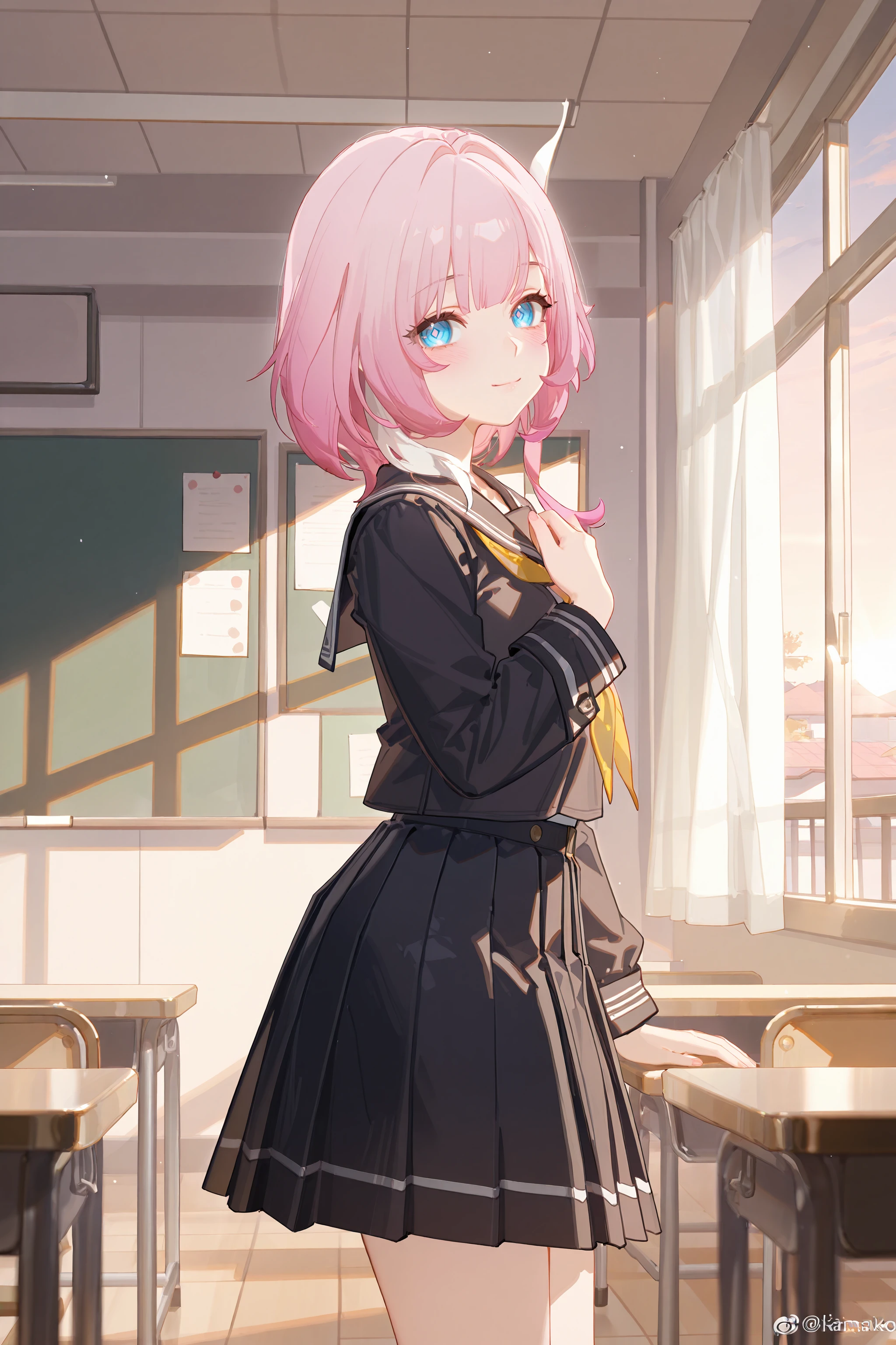 1girl, cyrene \(honkai: star rail\), school uniform, serafuku, cowboy shot, sunbeam, sunset, classroom, indoors, window, light smile, blush, looking at viewer, facing viewer <lora:Char-HonkaiSR-Cyrene-V0.9-IL:0.9:HR=0.6>, ciloranko, alphonse \(white datura\), ask \(askzy\), gomzi, you shimizu
masterpiece, best quality, amazing quality, very aesthetic, absurdres, newest, (scenery, volumetric lighting), ray tracing, (bloom:1.4), cinematic