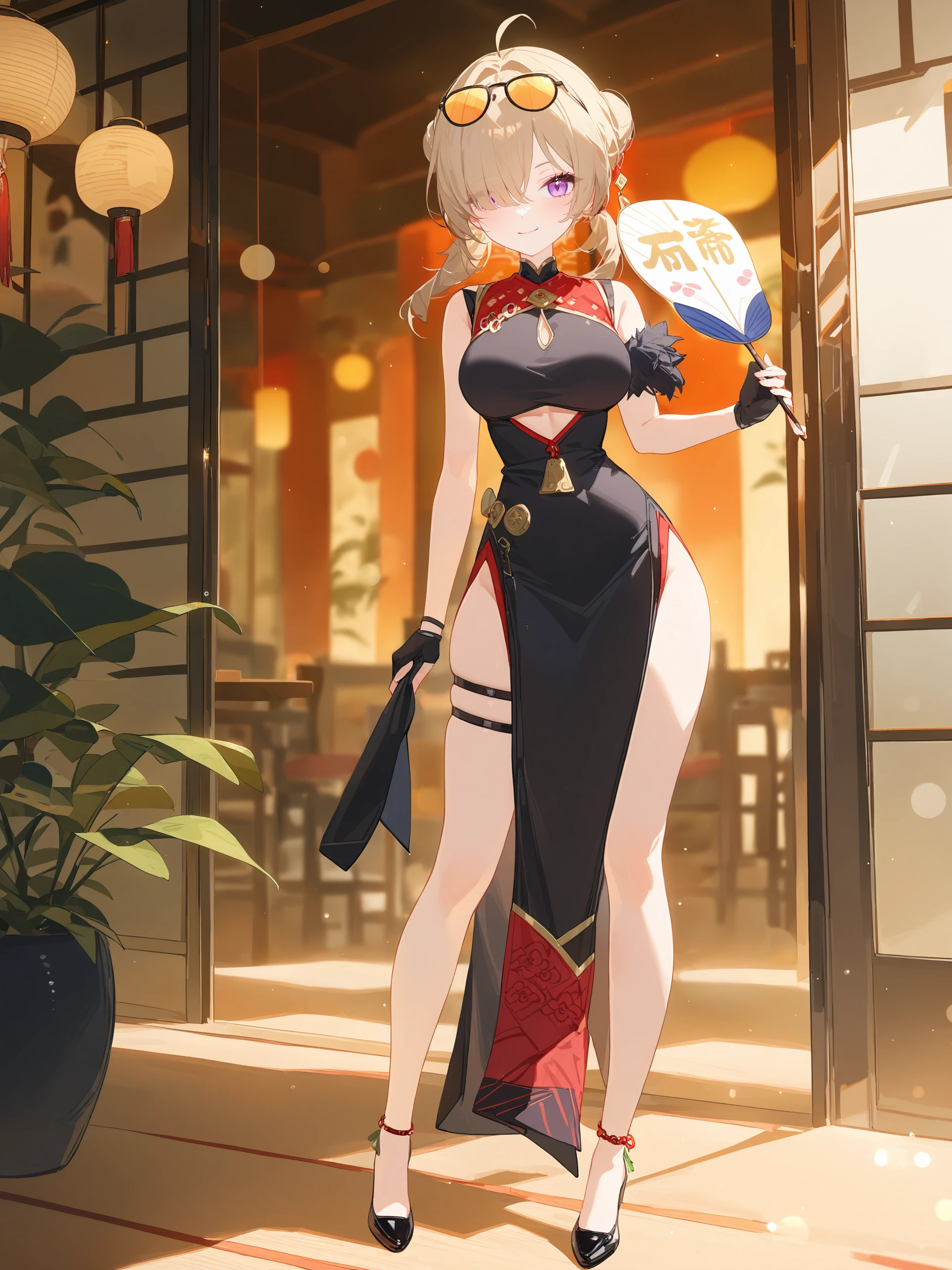 Beautiful images,Detailed Images,Official image,(Chinese restaurant background),One Woman,Blonde,Red Eyes,Ponytail Hair,Model body type,(Dark Skin:1.3),Elf Ears,Large Breasts,(China dress:1.3),Smile small,