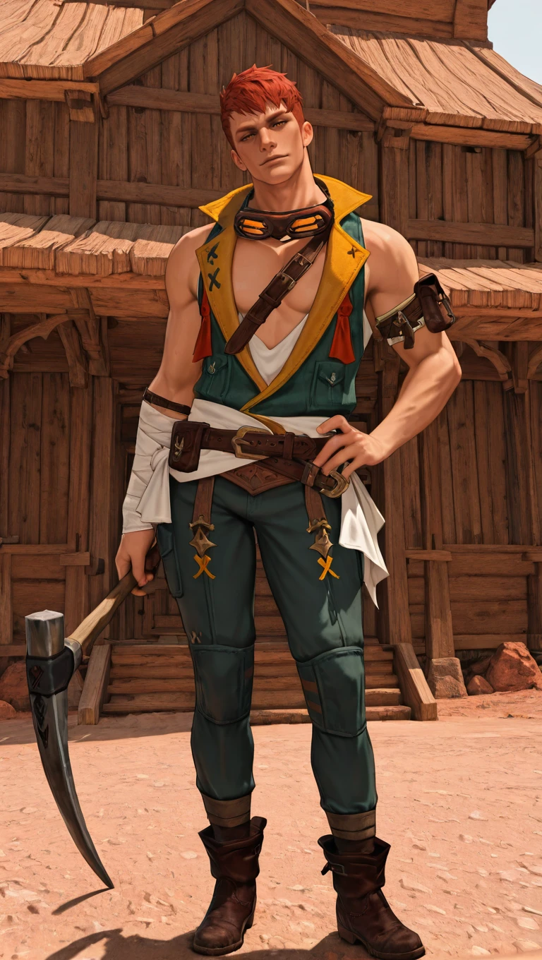 masterpiece,best quality,absurdres,newest,perfect quality,best quality,absolutely eye-catching,detailed background,male focus,solo,<lora:FFXIV - Thaffe - Illustrious-000006:0.7>,ffxivthaffe,1boy,adult male,hyur,red hair,very short hair,amber eyes,looking at viewer,head tilt,seductive look,vest,belt,single arm wrap,arm satchel,pants,brown boots,desert town,wooden buildings,goggles around neck,hand on own hip,contrapposto,holding pickaxe,