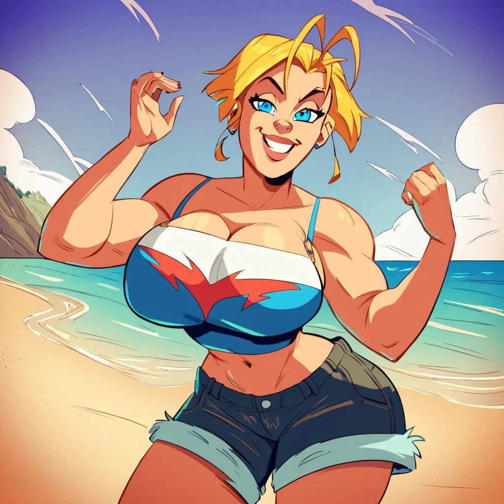 Samus Aran, 1 girl, (((bimbo))), perfect face, perfect eyes, looking at viewer, ponytail, blonde hair, puffy lips, thick lips, wide hips, thick thighs, craving lust face, huge natural breasts, cleavage, mature mom, perfect face, perfect eyes, blue eyes, outdoors, american flag bikini, jean shorts, arms behind head, picture from below