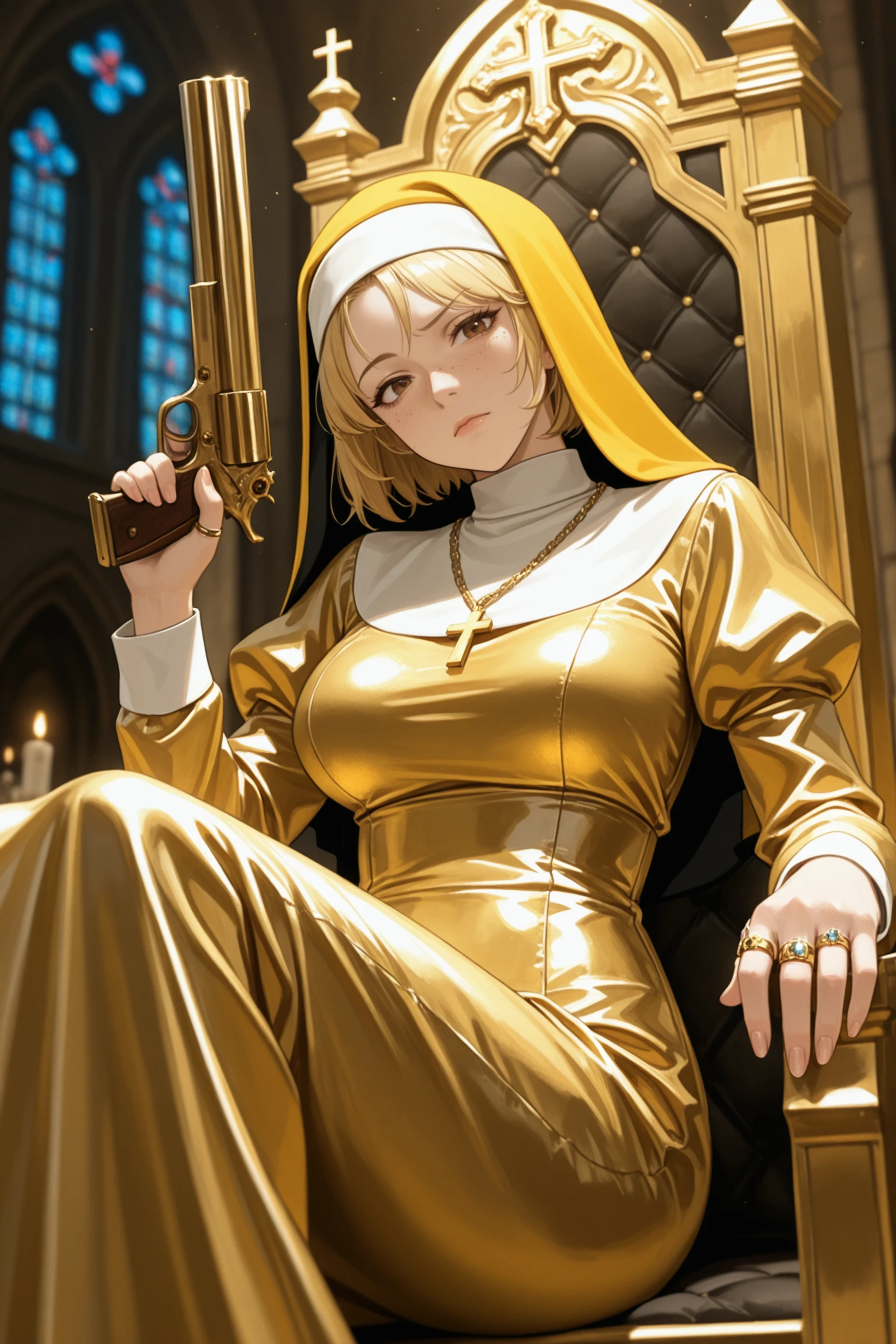 1girl, weapon, nun, gun, freckles, traditional nun, holding weapon, solo, cross, holding gun, , habit, holding, blonde hair, , , brown eyes, , necklace, dress, gold handgun, jewelry, short hair, nose, gold cross necklace, gold dress, , looking at viewer,, long sleeves, , sitting, breasts, closed mouth, , fingernails, church, , , finger on trigger, multiple rings, gold rings, raised eyebrow, head tilt, night, gold chain necklace, gold throne, huge gun, , gold clothes, gold sleeves, gold habit
masterwork, masterpiece, best quality, detailed, depth of field, , high detail, best quality, very aesthetic, 8k, dynamic pose, depth of field, dynamic angle, adult, aged up