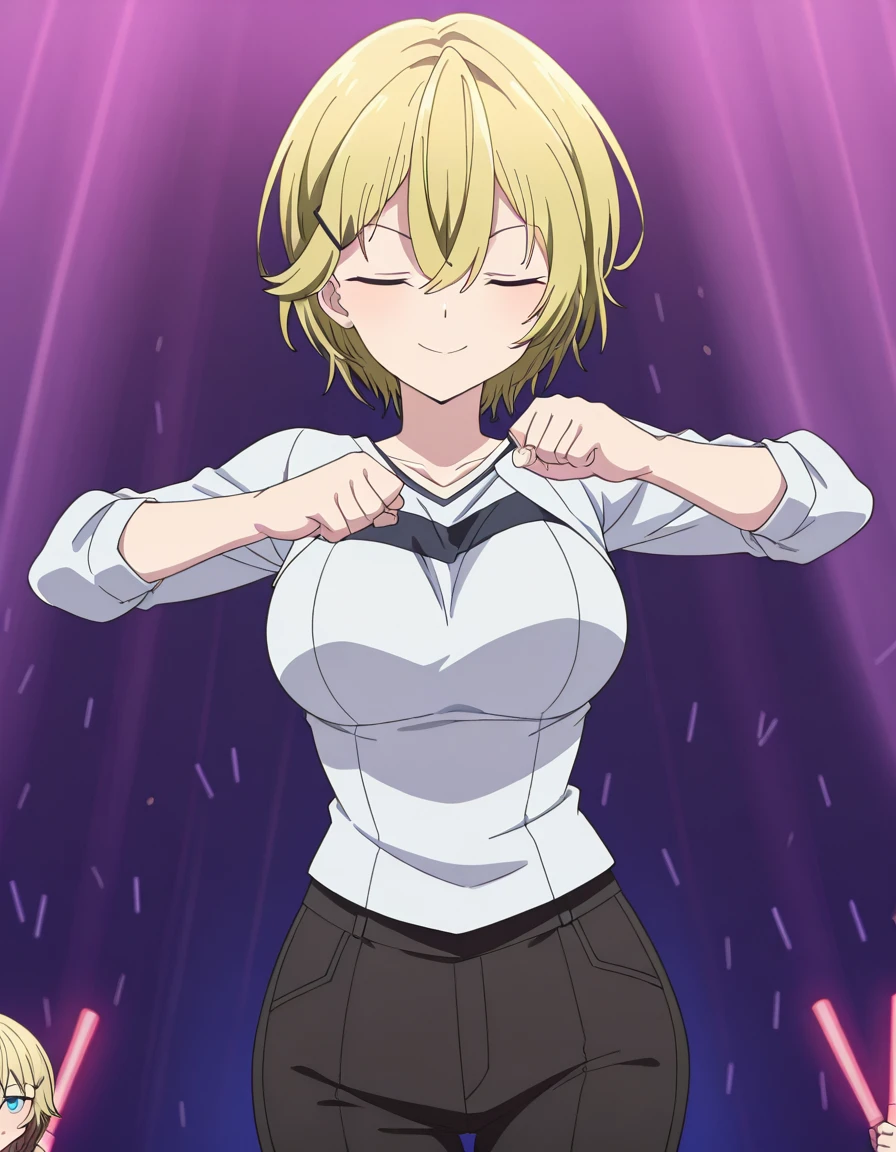 masterpiece, best quality, amazing quality,, <lora:ellie-evergreen-s1-illustriousxl-lora-nochekaiser:1>, ellie evergreen, short hair, blue eyes, blonde hair, hair ornament, hair between eyes, hairclip, mature female, breasts, anime screencap, <lora:shikairo-days-dance-illustriousxl-lora-nochekaiser:1>, shikairo days dance, shikairo days dance (meme), dancing, meme, closed eyes, clenched hands, glowsticks, smile, cowboy shot, ,