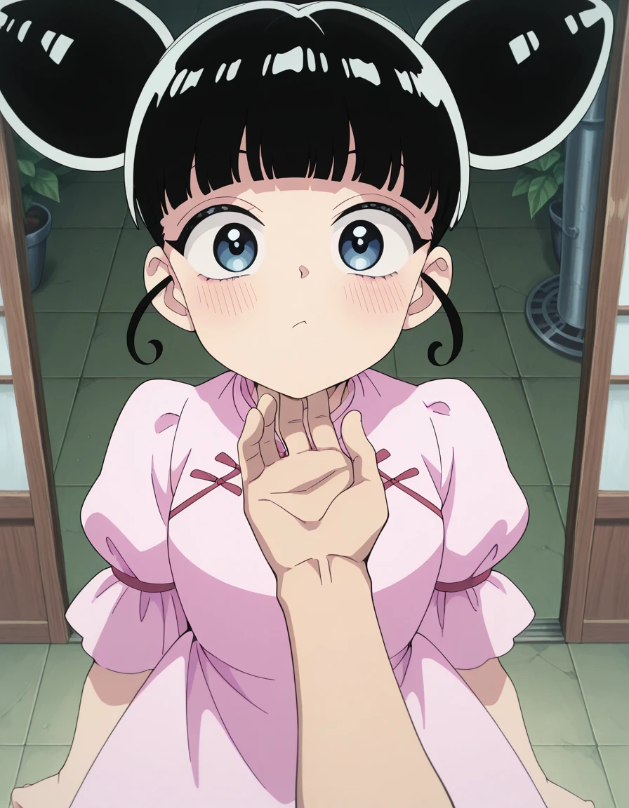 masterpiece, best quality, amazing quality,, <lora:xiaohei-s1-illustriousxl-lora-nochekaiser:1>, xiaohei, blue eyes, black hair, blunt bangs, hair bun, double bun, drills hair, anime screencap, dress, short sleeves, chinese clothes, pink dress, <lora:stroking-anothers-chin-pov-illustriousxl-lora-nochekaiser:1>, stroking another's chin pov, stronking another's chin, pov, pov hands, blush, cowboy shot, cooling tower, smoke, power, plant, height, cowboy shot, solo, looking at viewer,