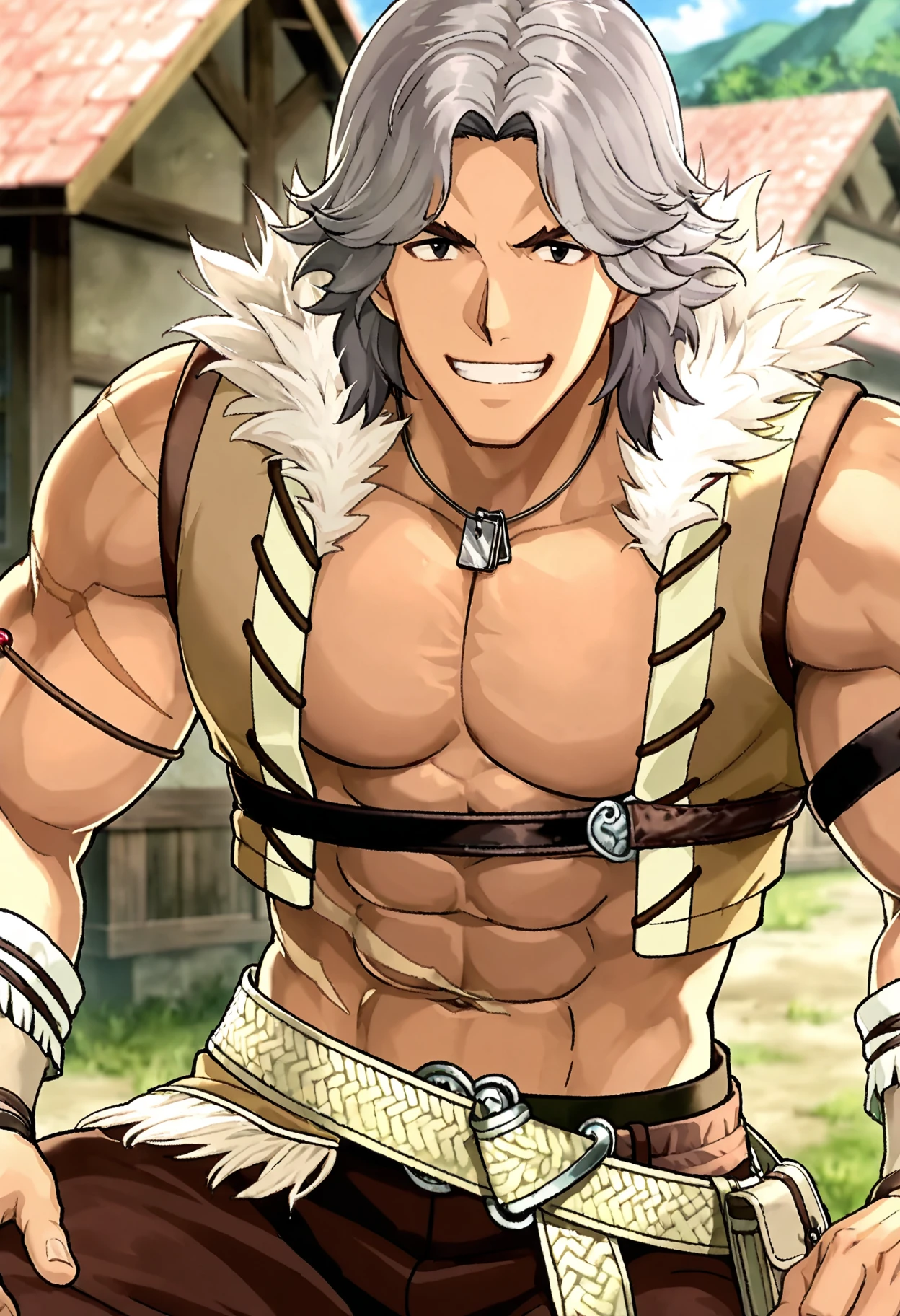Anime Robb Stark as a muscular bodybuilder with 8 pack abs and big biceps and big pectoral muscles, winter, warrior, washboard abs, 8 pack abs, biceps, richard madden, smile, sexy, erotic, big biceps, anime art, anime screenshot, anime screencap, anime face