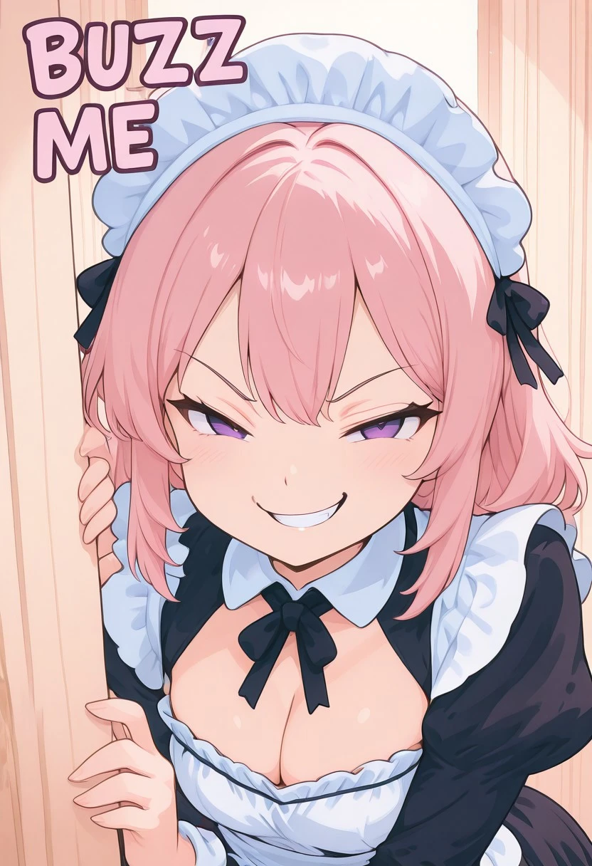 masterpiece, best quality,     Bzzm3b0t, 1girl, solo, short hair, , looking at viewer, smile, bangs, long sleeves, dress, bow, ribbon, cleavage, hair between eyes, , purple eyes, pink hair, frills, alternate costume, puffy sleeves, grin, apron, black dress, v-shaped eyebrows, maid, maid headdress, black ribbon, black bow, neck ribbon, detached collar, juliet sleeves, white apron, maid apron, meme, smirk, enmaided, smug, peeking out  ,