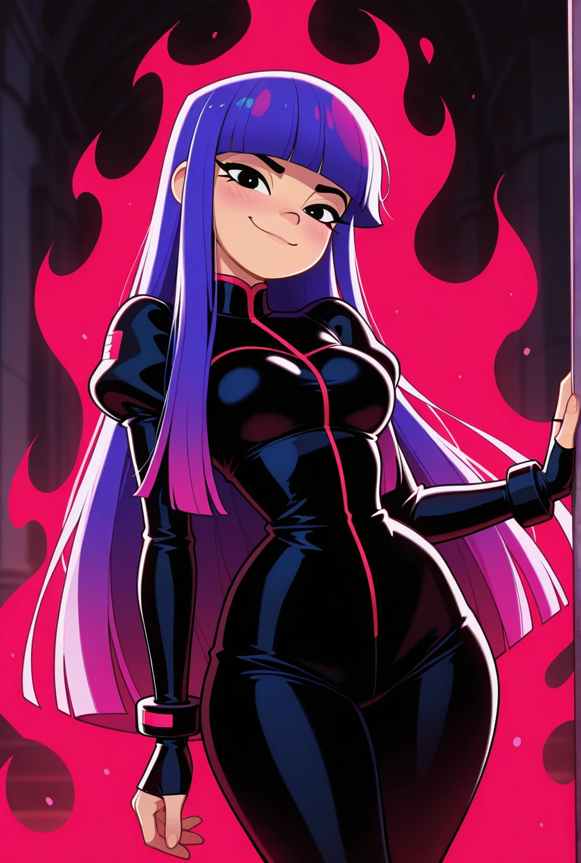 Rets CD Style, masterpiece, highres, ultrares, absurdres, best quality, ultra detailed face, ultra detailed eyes, ultra detail skin, ultra detail body, ultra detailed, amazing quality, very aesthetic, (hyper detailed features), cartoon style, (show accurate), (official style), Expressiveh, (petite), round face, 1girl, solo, looking at viewer, (Miko Kubota), (Glitch Techs), Expressive, closed mouth, head tilt, seductive, seductive smile, black eyes, hime cut, blunt bangs, long hair, pink hair, purple hair, multicolored hair, two-tone hair, gradient hair, bracelet, big breasts, round breasts, slim waist, wide hips, blushing, (hip sway), <lora:MikoKubotaillusApexAi:0.6>, sharp pupils, intricate iris patterns, frohawk hairstyle, toned body, crimson aura, divine surrealism, neon accents, flowing hair, ethereal atmosphere, high contrast, depth of field, dinamic pose, cinematic angle, volumetric lighting, detailed background gothic, sacred eroticism, otherworldly elegance, vibrant color scheme: crimson/black/gold/blue/golden,