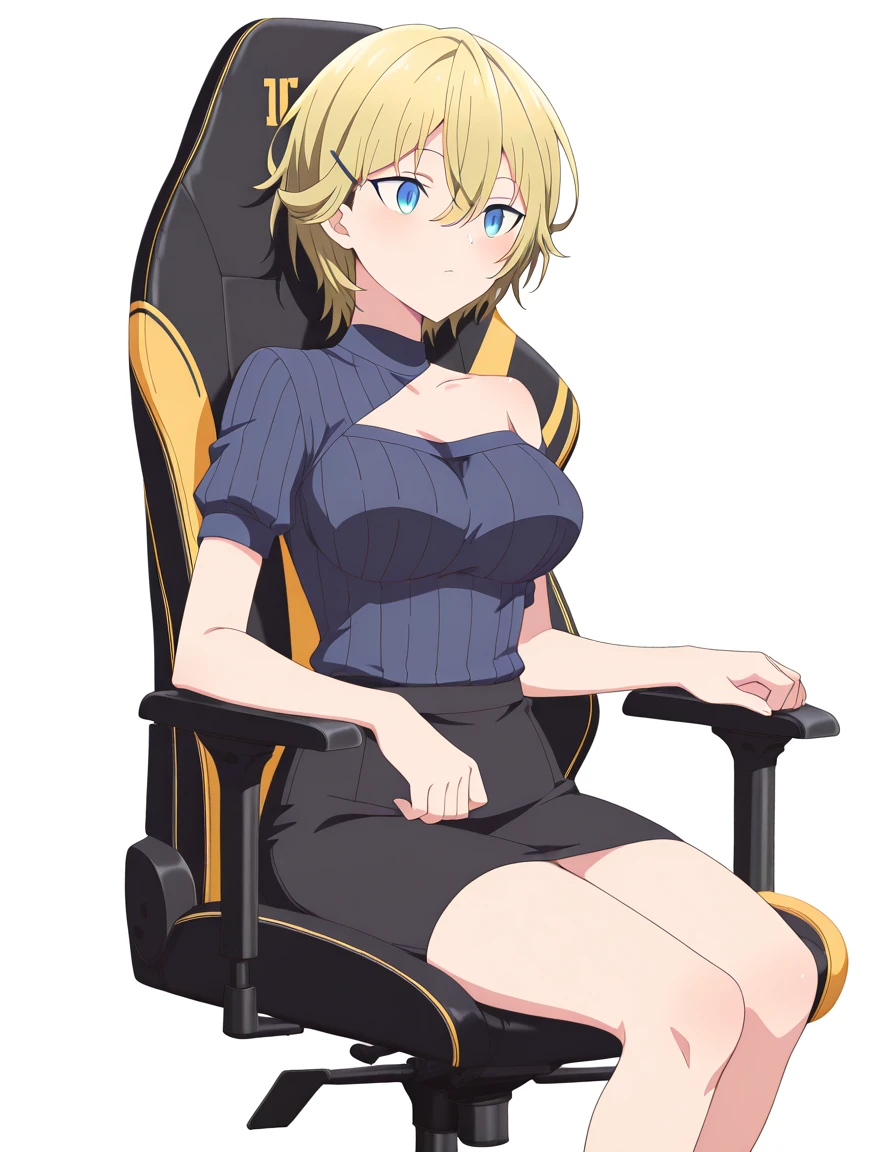 masterpiece, best quality, amazing quality,, <lora:ellie-evergreen-s1-illustriousxl-lora-nochekaiser:1>, ellie evergreen, short hair, blue eyes, blonde hair, hair ornament, hair between eyes, hairclip, mature female, breasts, anime screencap, <lora:secretlab-chair-illustriousxl-lora-nochekaiser:1>, secretlab chair, chair, office chair, gaming chair, sitting, cowboy shot, , <lora:transparent-background-illustriousxl-lora-nochekaiser:1>, transparent background, simple background, white background