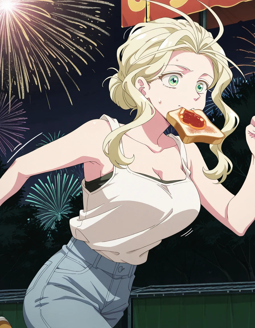 masterpiece, best quality, amazing quality,, <lora:yaomei-s1-illustriousxl-lora-nochekaiser:1>, yaomei, long hair, blonde hair, green eyes, hair antenna, single hair bun, mature female, breasts, anime screencap, shirt, cleavage, bare shoulders, collarbone, white shirt, sleeveless, pants, tank top, denim, jeans, white tank top, <lora:food-in-mouth-running-illustriousxl-lora-nochekaiser:1>, food in mouth running, food in mouth, running, bread, bread slice, food, toast in mouth, toast, sweatdrop, motion lines, motion blur, outdoors, cowboy shot, from side, festival, fireworks, summer night, food stall, traditional, arms up, cowboy shot, solo, looking at viewer,