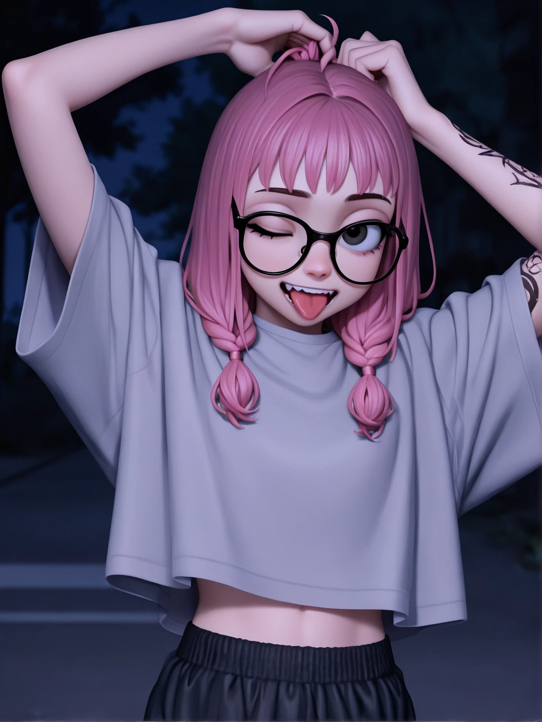 score_9, score_8_up, score_7_up, extremely detailed, sharp focus, 1girl, b&ttystdwrong, oversized shirt, gray shirt, black tight boxers, scary expression, flat iris, pink hair, right arm tattoo, shoulder visible, small mouth, black crop top, crop top below shirt, black eyeglasses, upper body, arm-tattoo, low key, low contrast, night, dark ambiance, wink, tongue, holding hair, spooky, hands above head, close-up,