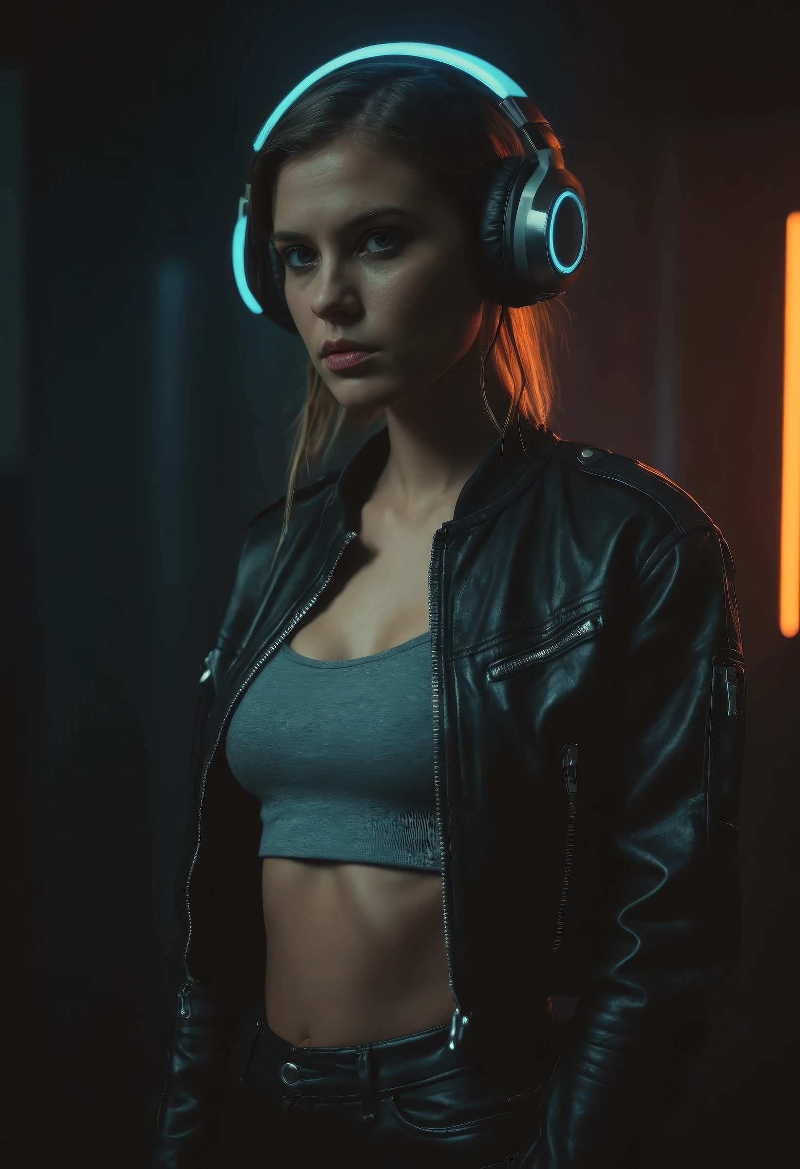 award-winning masterpiece, portrait of a woman wearing headphones, crop top, and leather jacket, standing in a dark moody room with a soft blue neon light behind her head, cinematic rim lighting, soft glowing highlights and deep shadows, inspired by Anka Zhuravleva style, cyberpunk art, retrofuturistic aesthetic, rich textural detail, dreamy yet edgy atmosphere, shallow depth of field, photorealistic, ultra-detailed, soft haze, ambient glow, professional cinematic composition, high-resolution, moody lighting and color grading