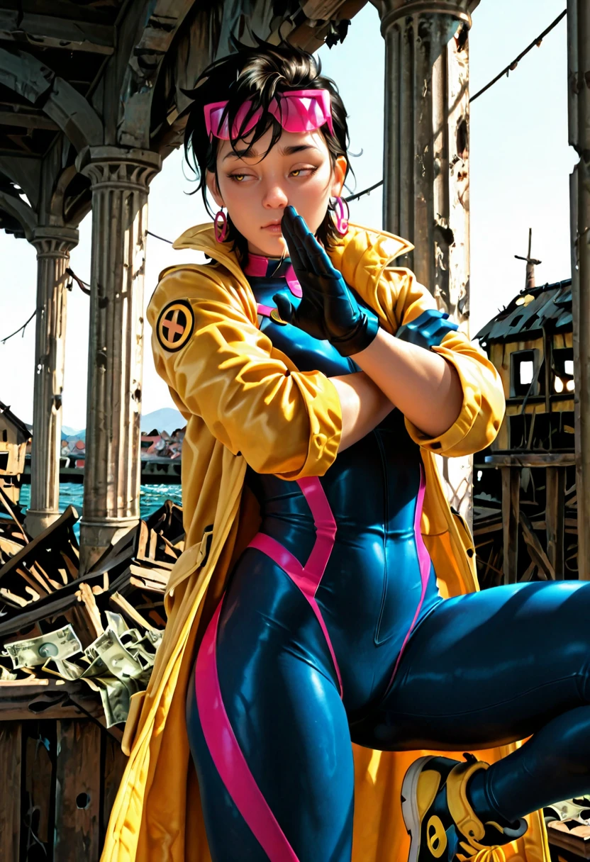 masterpiece, best quality, amazing quality, <lora:Jubilee-ILL:1> jblee1, solo, , gloves, bodysuit, sneakers, coat, , tinted eyewear,crossed_arms, money_gesture, leg_up, averting_eyes, waking_up, town ,shipwreck,, , pillar , realistic,