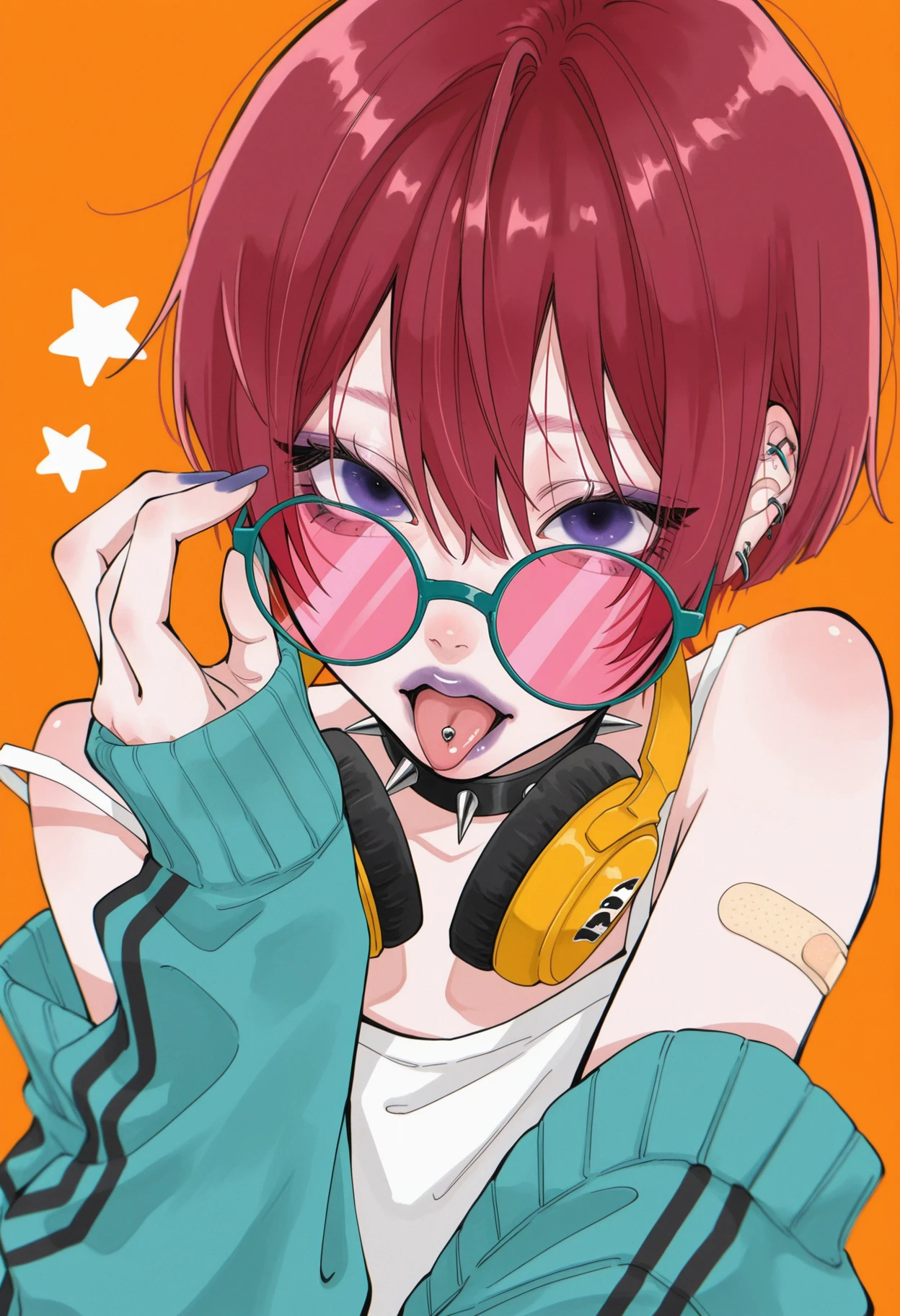 st003,
1girl, solo, looking at viewer, open mouth, short hair, simple background, long sleeves, hair between eyes, shoulders, violet eyes, red hair, earrings, choker, glasses, tongue out, off shoulder, nail polish, star (symbol), collar, sweater, fingernails, black choker, makeup, headphones, sunglasses, teal jacket, tank top, bandaid, spikes, camisole, orange background, round eyewear, purple lips, adjusting eyewear, tinted eyewear, headphones around neck, spiked collar, white tank top, indigo sweater, blue nails, barbell piercing, tongue piercing, looking over eyewear, sticker, pink-tinted eyewear, blue-framed eyewear, gold-tinted eyewear, cyan-tinted eyewear, star-shaped eyewear.
masterpiece, best quality, amazing quality
<lora:style003-IL v7:1>