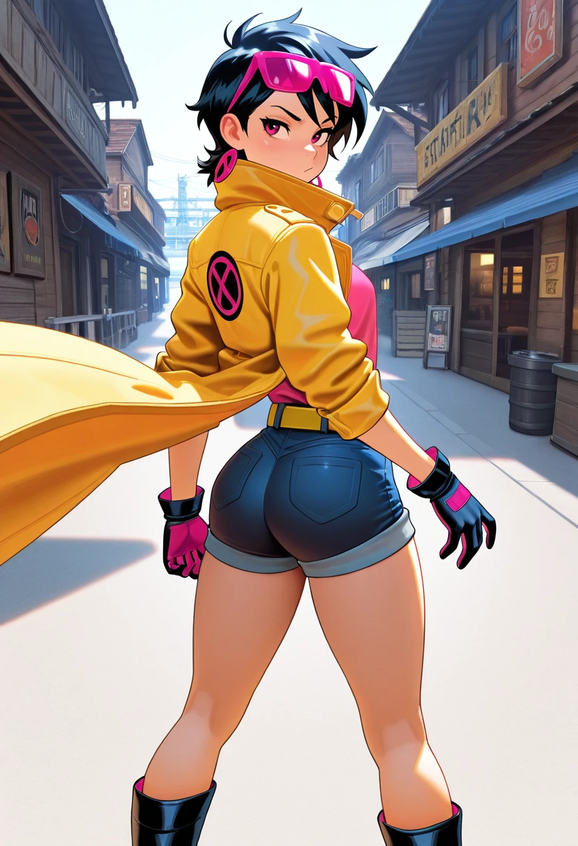 masterpiece, best quality, amazing quality, <lora:Jubilee-ILL:1> jblee1, solo, belt, gloves, shorts, boots, coat, pink shirt, tinted eyewear on head, looking_back, :/, harbor