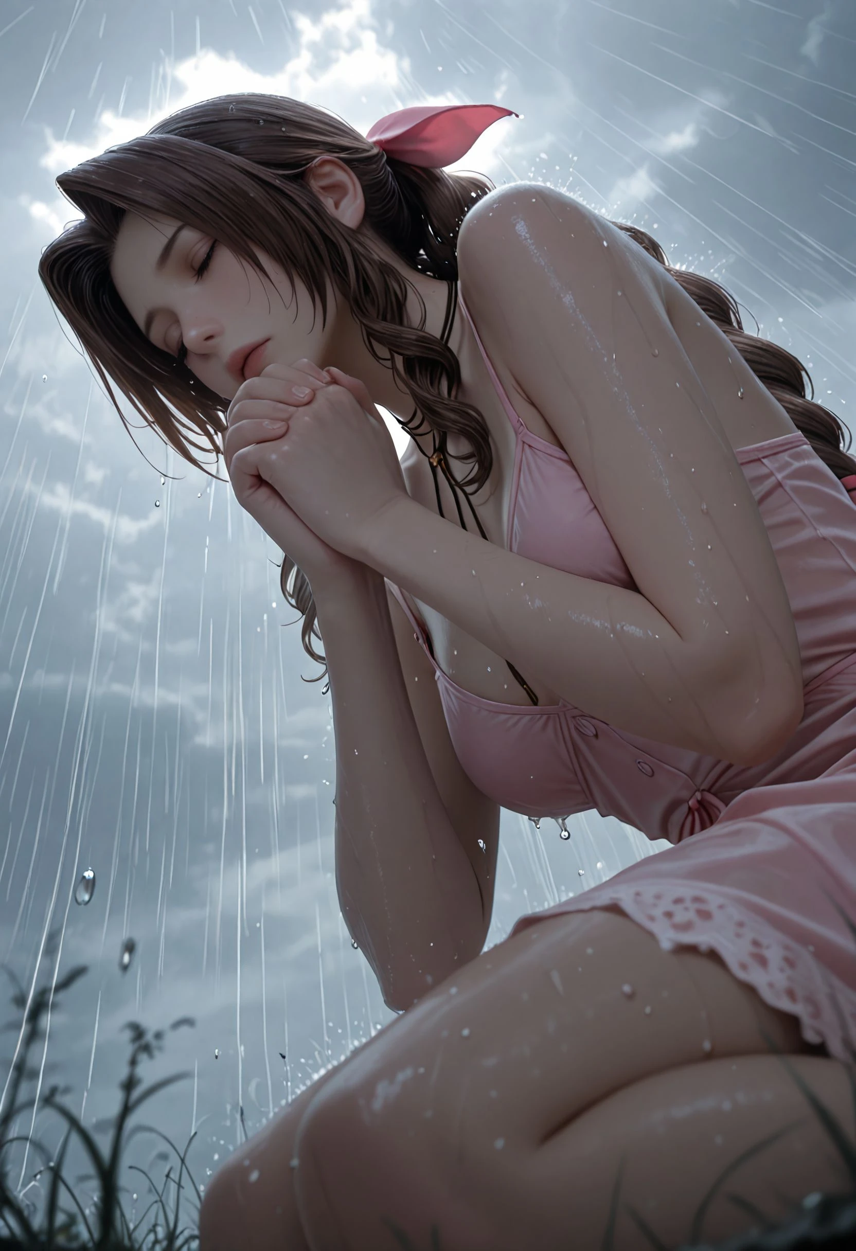 masterpiece, best quality, very aesthetic, amazing quality, absurdres, newest, scenery, HD, HDR, detailed background, sharp focus, (solo:1.05), (foreshortening:1.2), wide angle, from side, side view, depth of field, blurry foreground, straight posture, rain, grey cloud, low angle, low contrast, foggy, cold, cold weather, heavy rain, (water droplets, slow motion, time stop:1.1), surreal background, ethereal sky, cloudy sky, fantasy sky, dramatic lighting, cinematic look, reflection, realistic, anime screencap, anime coloring, clos_pers, close-up, perspective, masterpiece, very aesthetic, absurdres, water drop, masterpiece, best quality, amazing quality, very aesthetic, masterpiece, best quality, amazing quality, very aesthetic, detailed eyes, perfect eyes, realistic eyes, from below, aerith_gainsborough, praying, intense focus, joined hands, closed eyes, kneeling down, raindrops, droplets,