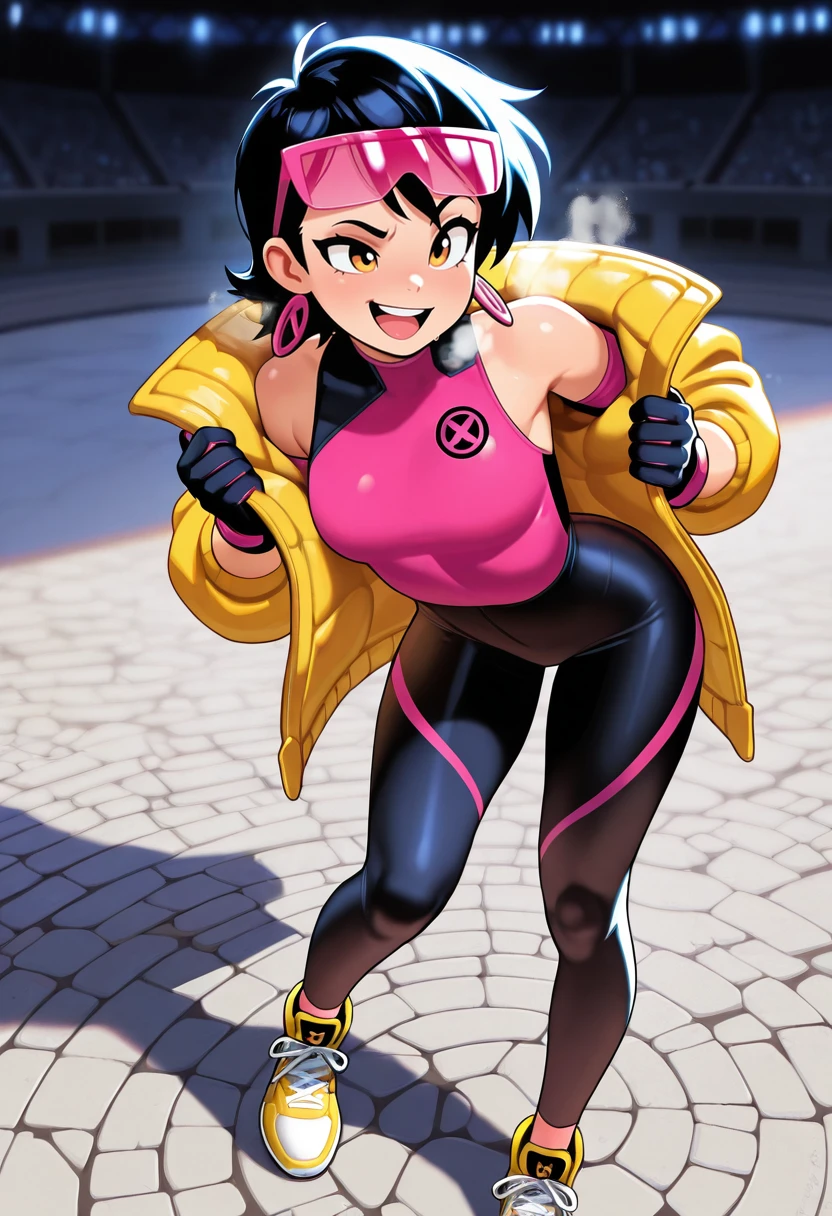 masterpiece, best quality, amazing quality, <lora:Jubilee-ILL:1> jblee1, solo, , gloves, , sneakers, , , tinted eyewear,undressing, raised_eyebrow, :d, breathing, arena ,stone_walkway,, , , source_cartoon,