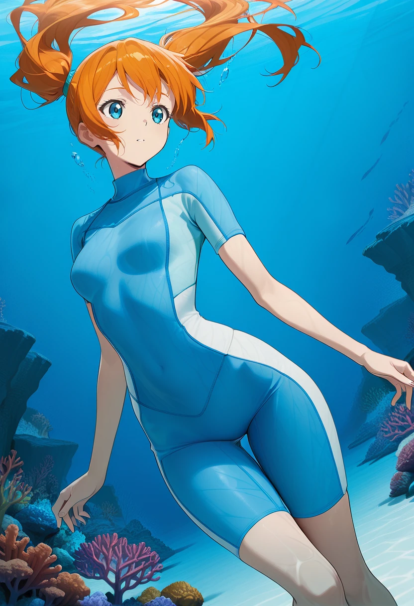 masterpiece, High quality, 1girl in, Solo, breasts, gloves, Blonde_hair, hand armor, Medium_breasts, Blue_Eyes, white sclera Elbow_gloves, Navel, Twin Tail Sky, cleavage, Ponytail, underwater, coral, blue ultraman body suits, lying, serious, concentrating, raised eyebrows, half eyes closed, on back, arm support,