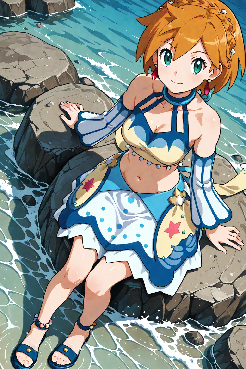 2d, masterpiece, best quality, amazing quality, highres, absurdres, newest, 1girl, solo, sitting, on rock, feet in water, sea, from above, dutch angle, looking at viewer, medium breasts, mature female, sygmisty, green eyes, short hait, bangs, orange hair, hair ornament, earrings, halterneck, crop top, detached sleeves, bare shoulders, collarbone, midriff, navel, skirt, anklet, sandals, toes, blue footwear