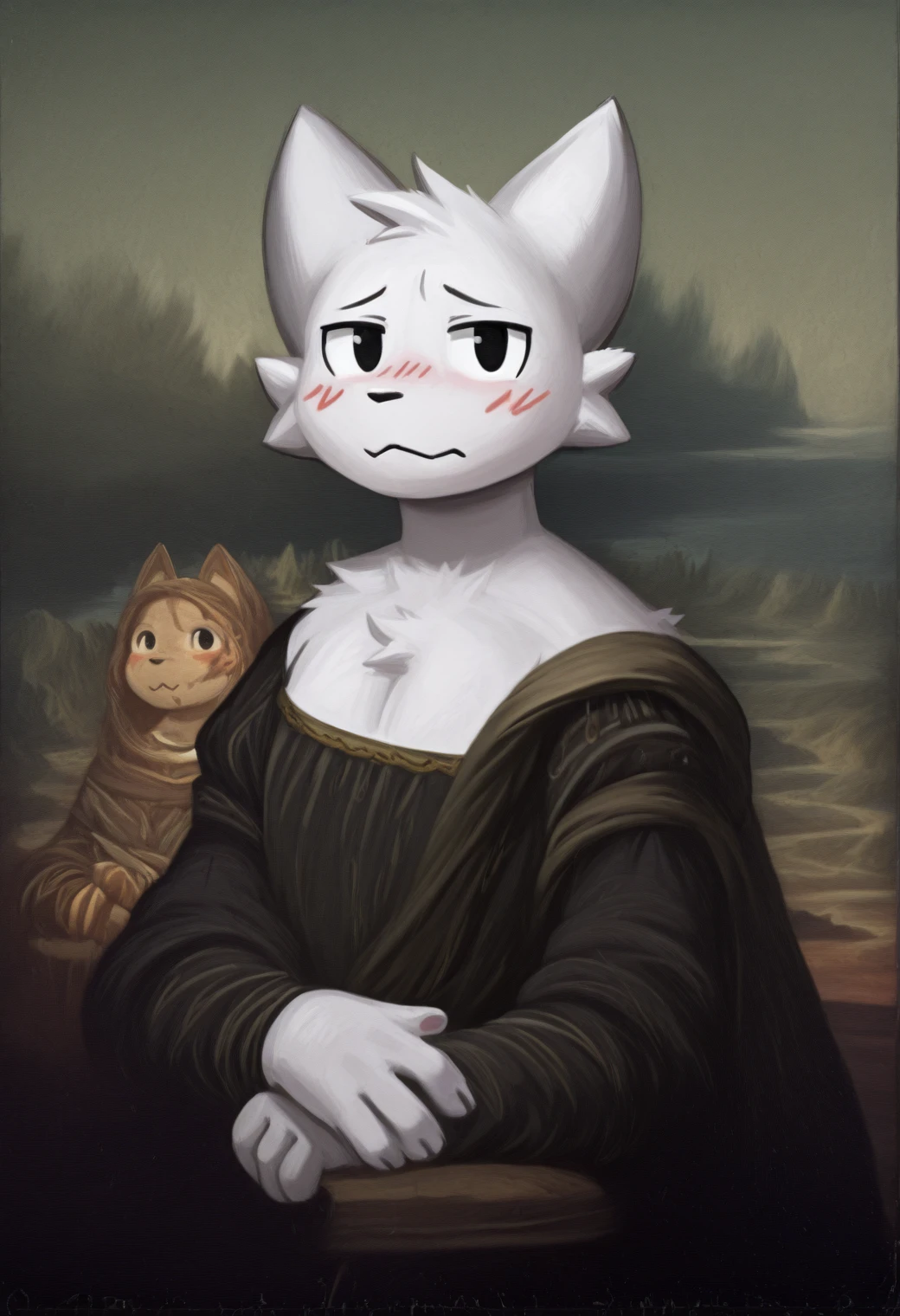 <lora:monalisa-il>, mikus-concept, monalisa, painting, looking at viewer, upper body, paint, renaissance, renaissance painting, hands folded, oil painting aesthetic, <lora:boykisser-il>, boykisser, solo, furry, cat, white fur, black eyes, blush, solo, 1boy